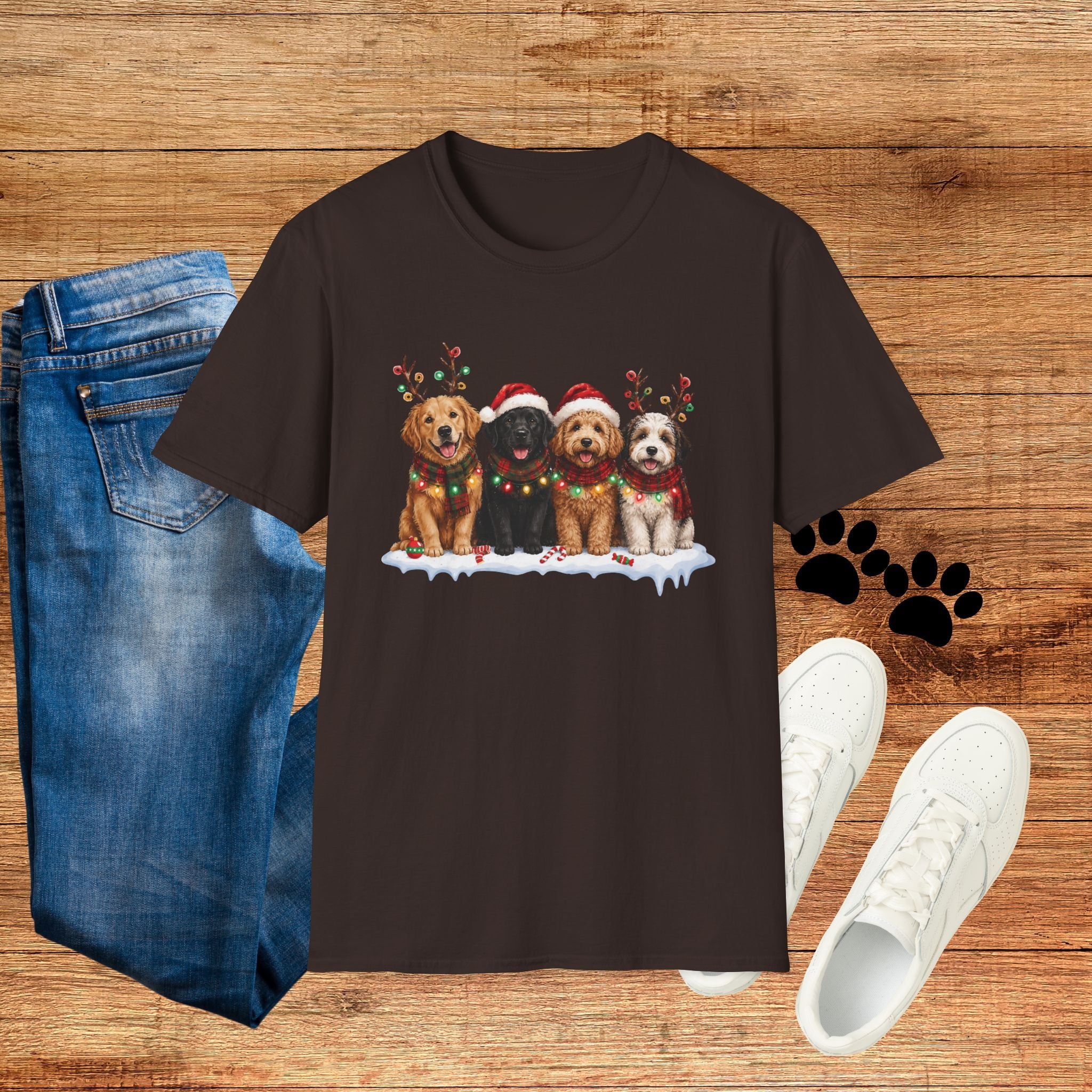 Christmas Dogs T-Shirt — Festive Puppies with Santa Hats & Reindeer Antlers