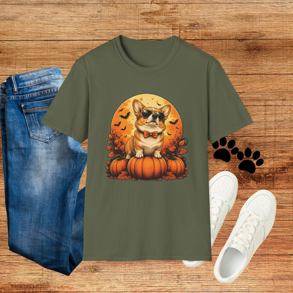 Halloween Corgi Tee — Cool Sunglasses Dog on Pumpkin Graphic T-Shirt