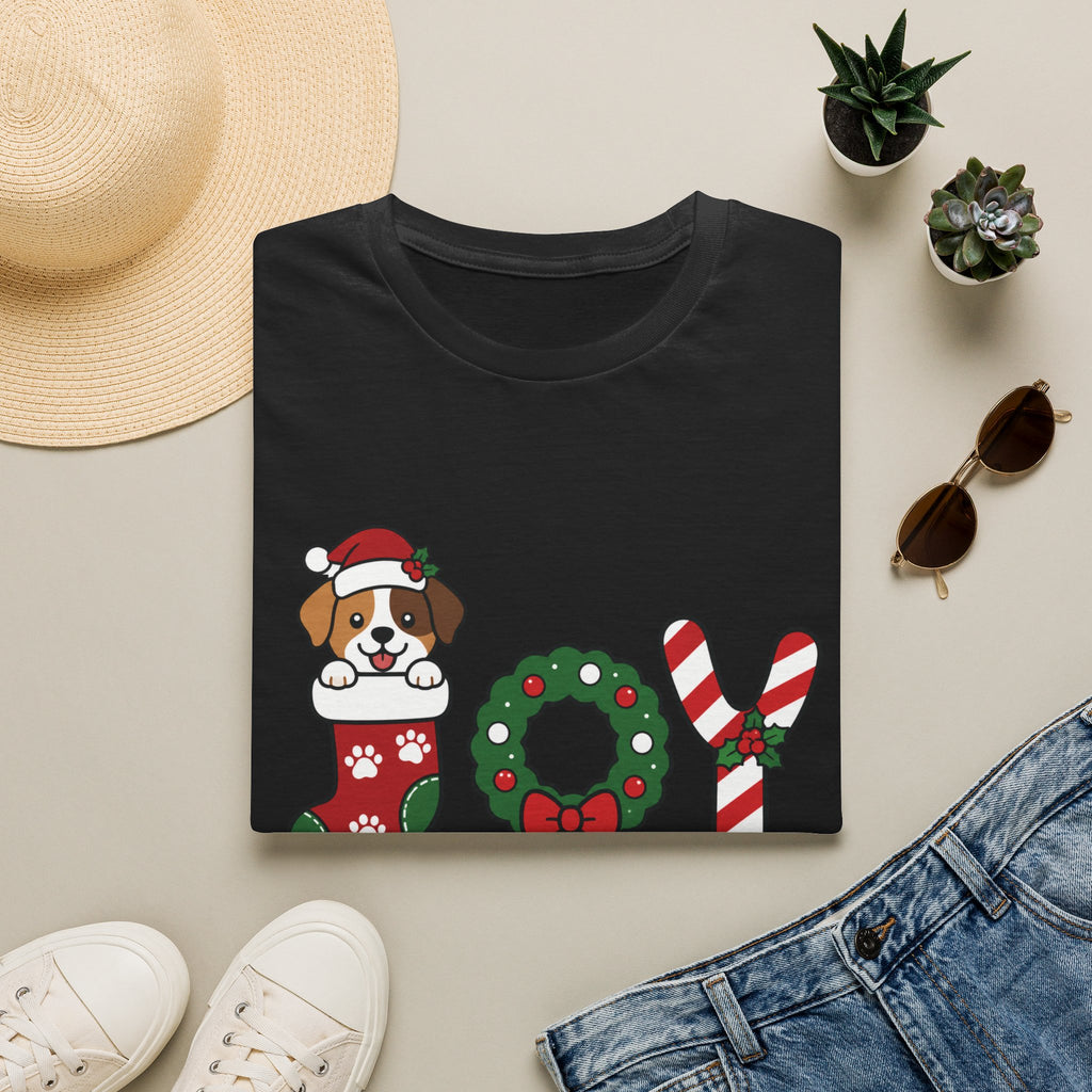 Christmas Joy Dog T-Shirt — Cute Puppy in Stocking & Candy Cane Holiday Tee