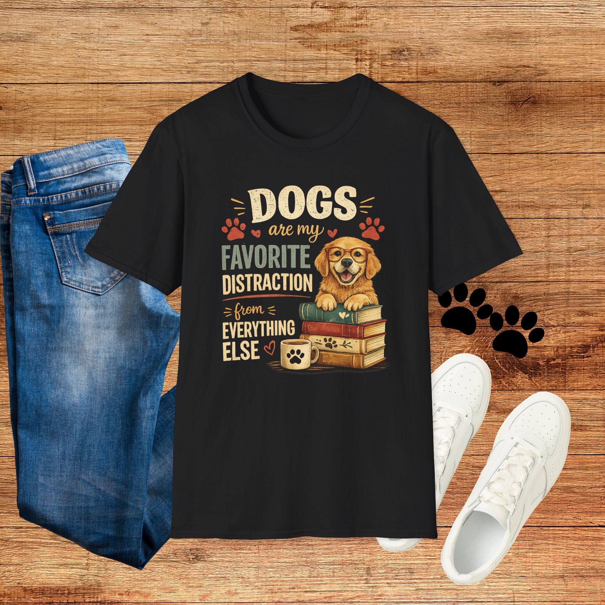 Dogs Are My Favorite Distraction T-Shirt – Cute Golden Retriever Paw Print Tee