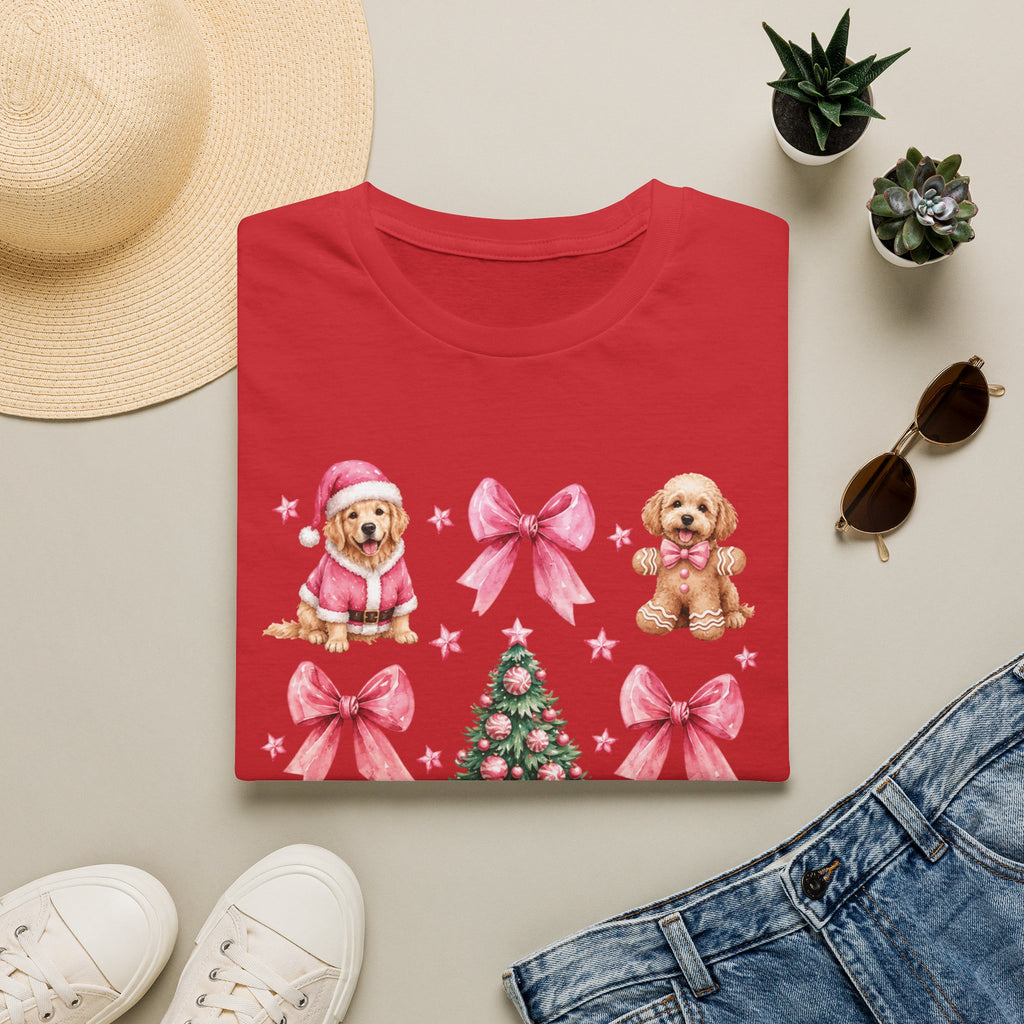 Christmas Puppies Graphic T-Shirt — Pink Bows & Tree Holiday Tee