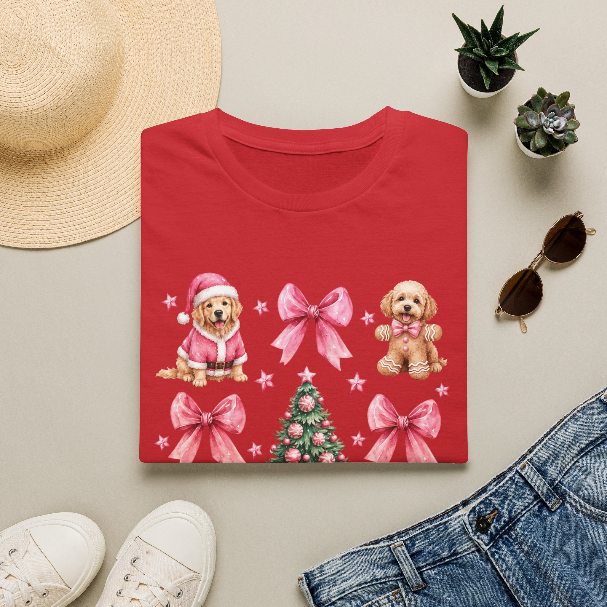 Christmas Puppies Graphic T-Shirt — Pink Bows & Tree Holiday Tee