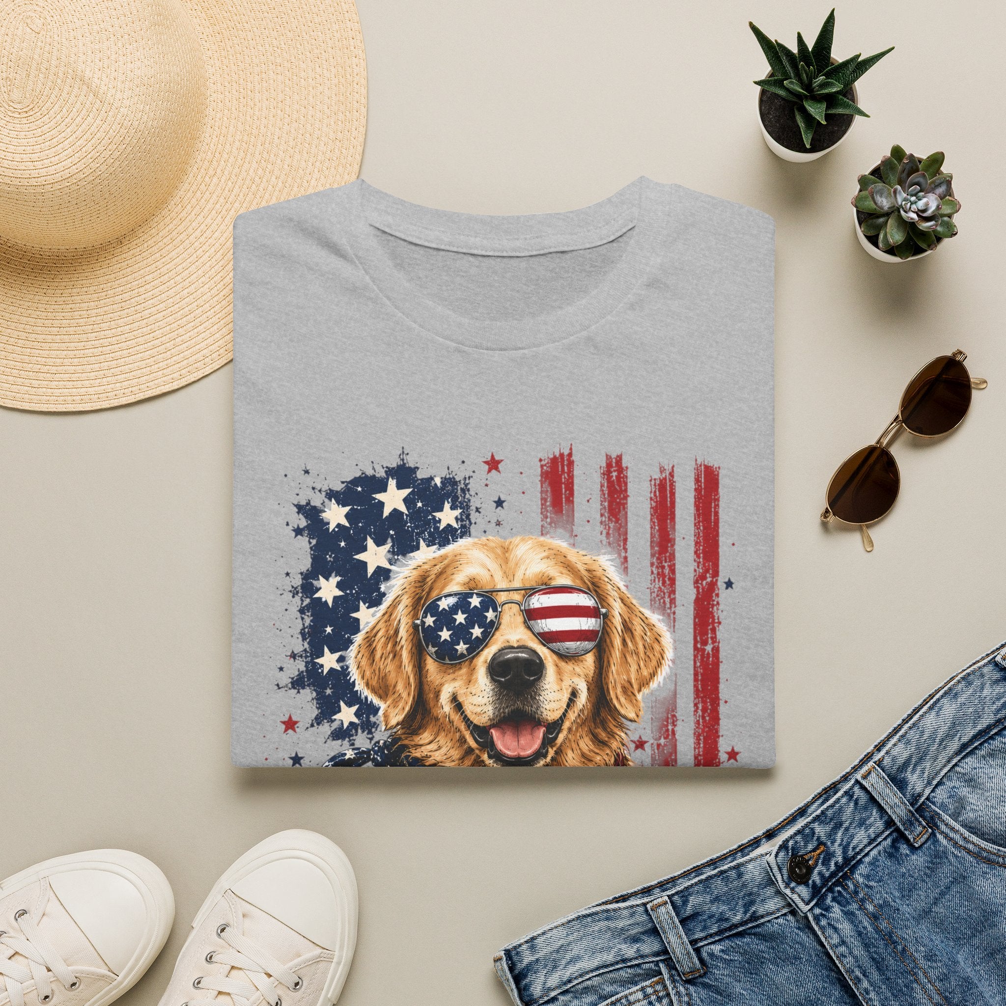 Patriotic Golden Retriever T-Shirt — American Flag Sunglasses & Bandana