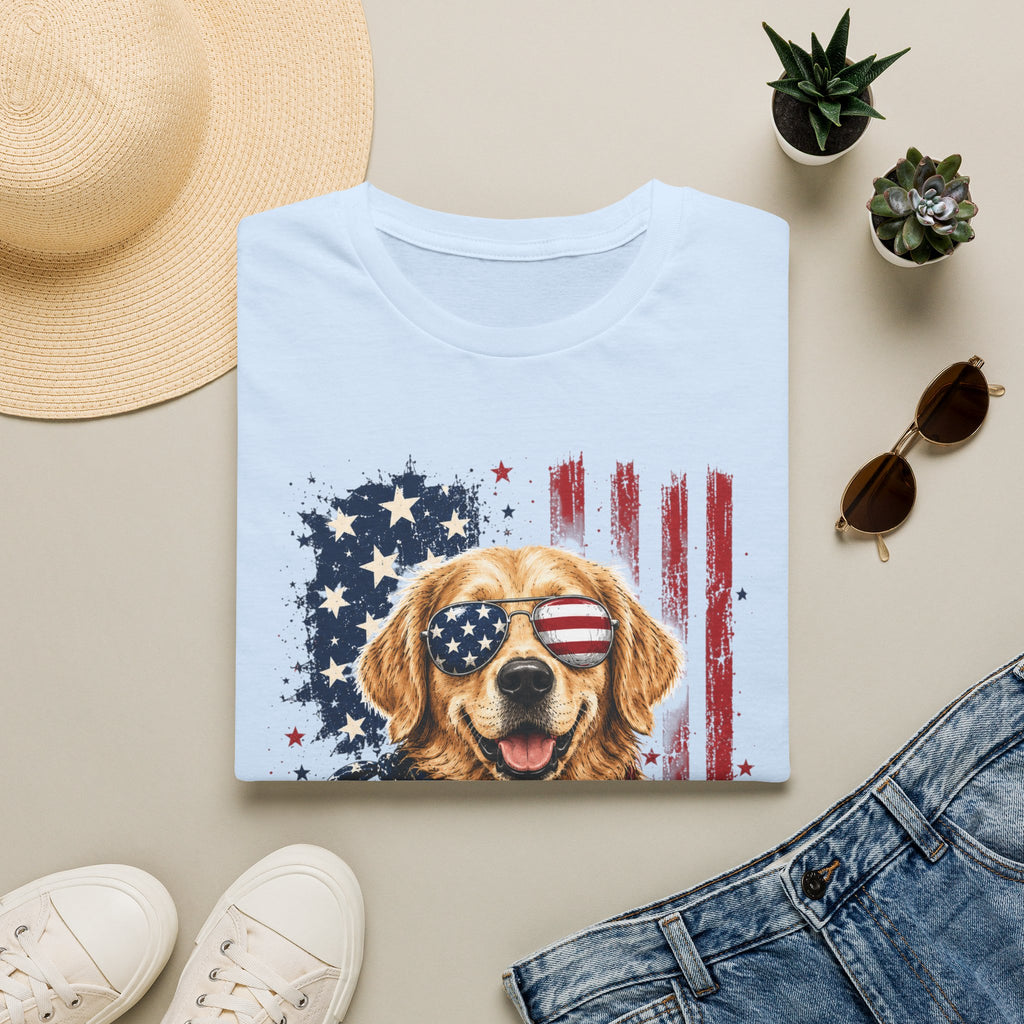 Patriotic Golden Retriever T-Shirt — American Flag Sunglasses & Bandana