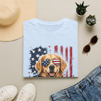 Patriotic Golden Retriever T-Shirt — American Flag Sunglasses & Bandana