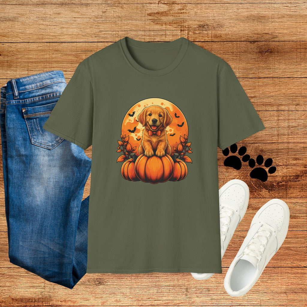Halloween Pumpkin Puppy T-Shirt — Cute Golden Retriever with Bats & Bowtie
