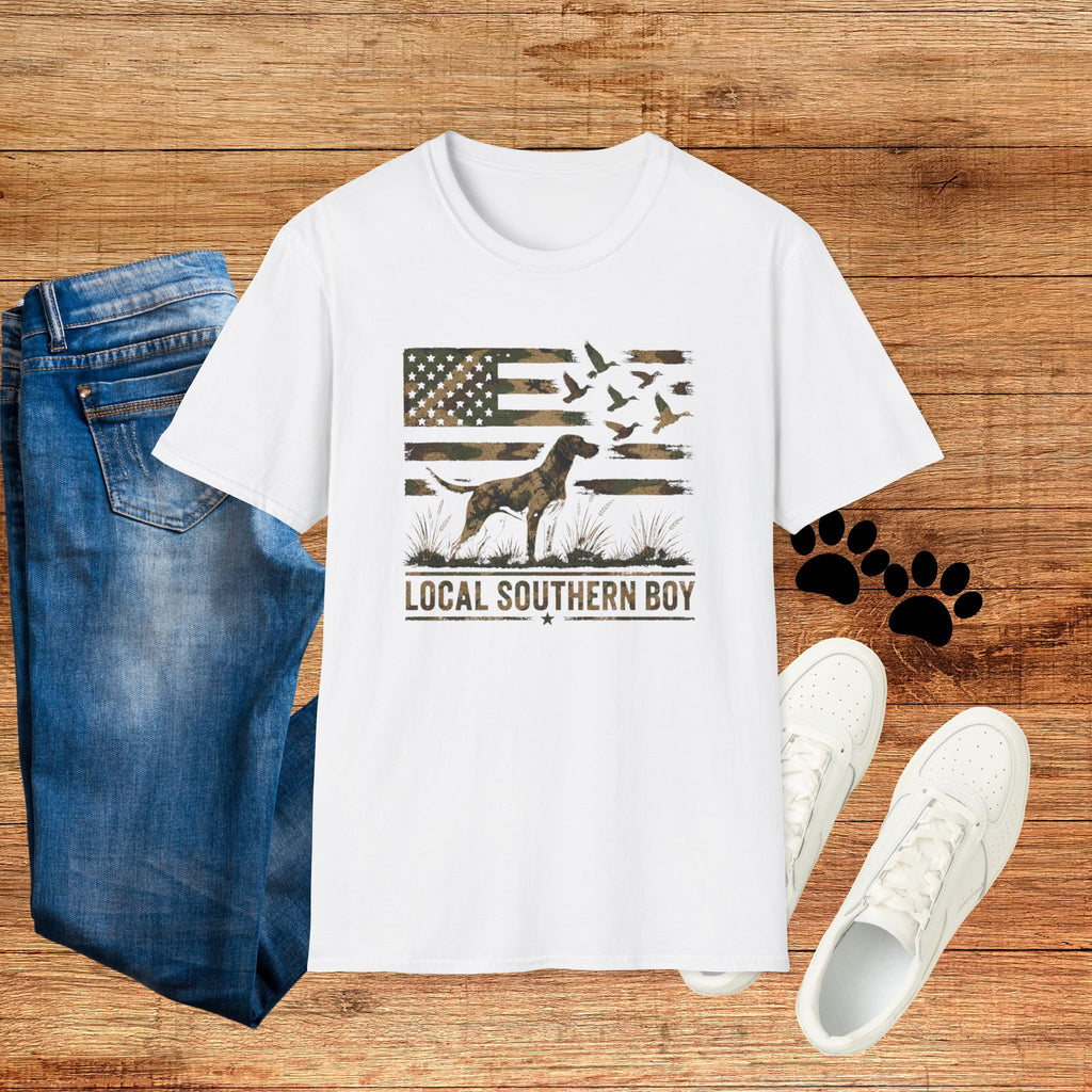 Duck Hunting American Flag T-Shirt — Local Southern Boy Retriever Design
