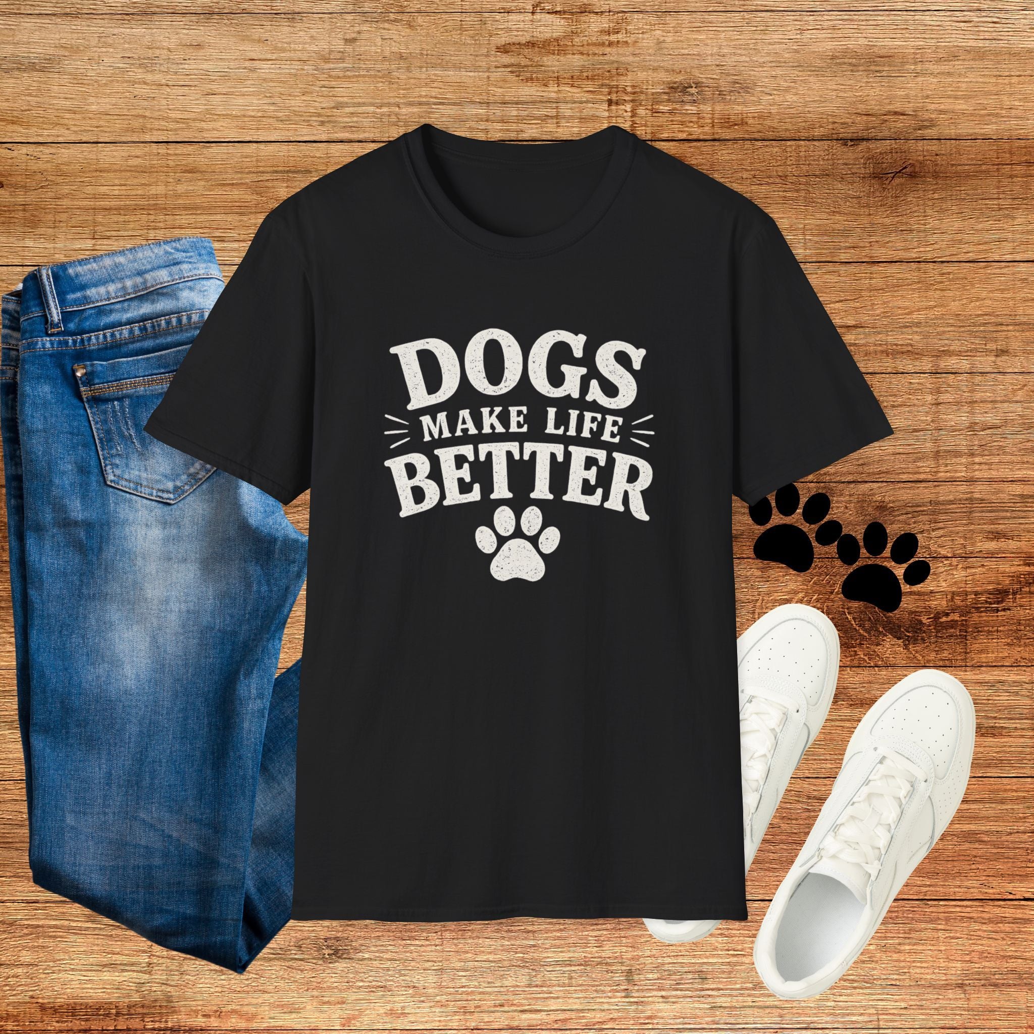 Dogs Make Life Better T-Shirt — Paw Print Dog Lover Tee