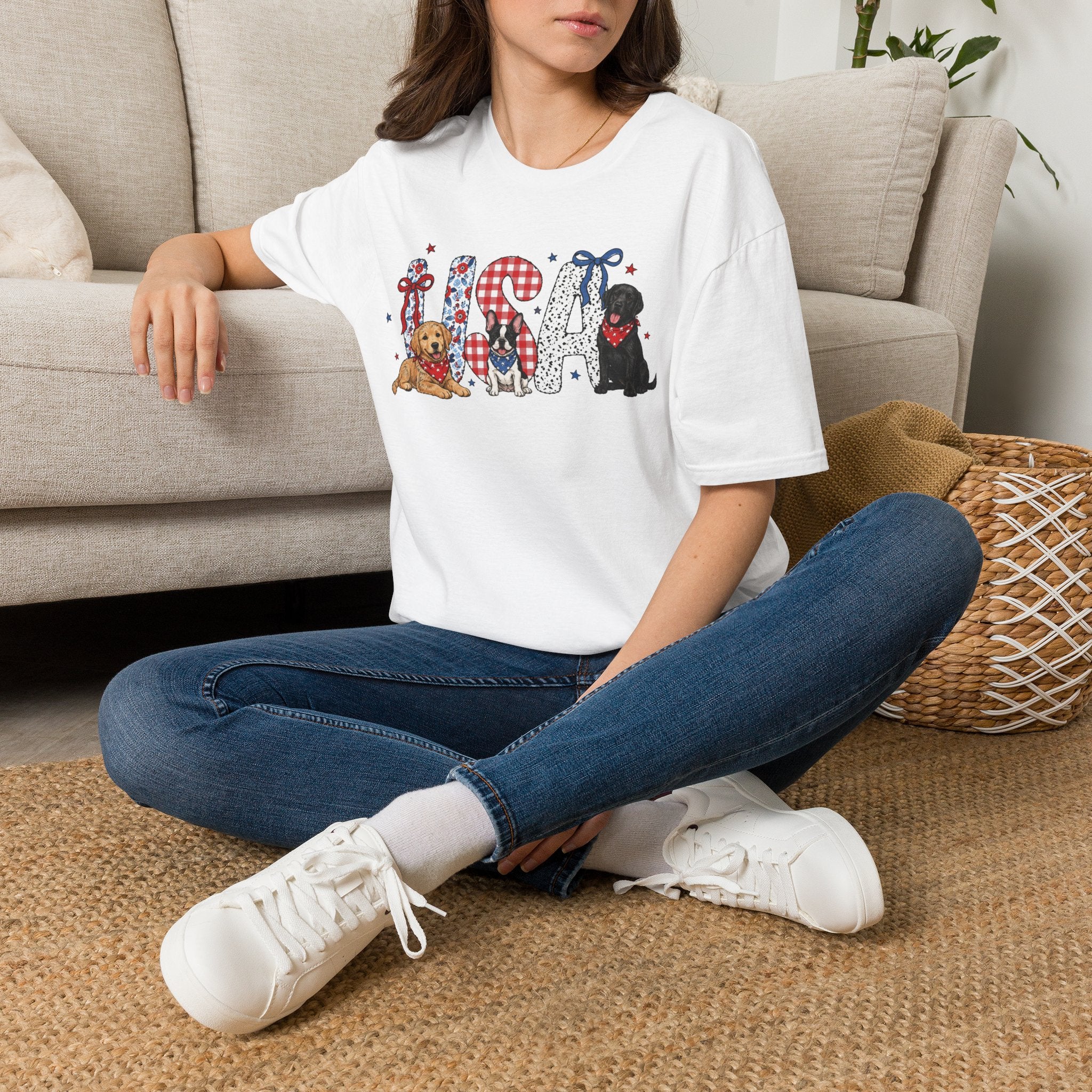USA Patriotic Dog T-Shirt — Red White Blue Lettering with Labrador & Puppy Design