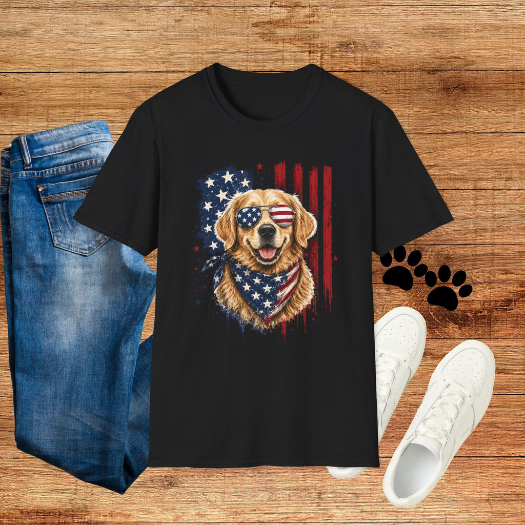 Patriotic Golden Retriever T-Shirt — American Flag Sunglasses & Bandana