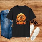 Halloween Pumpkin Puppy T-Shirt — Cute Golden Retriever with Bats & Bowtie