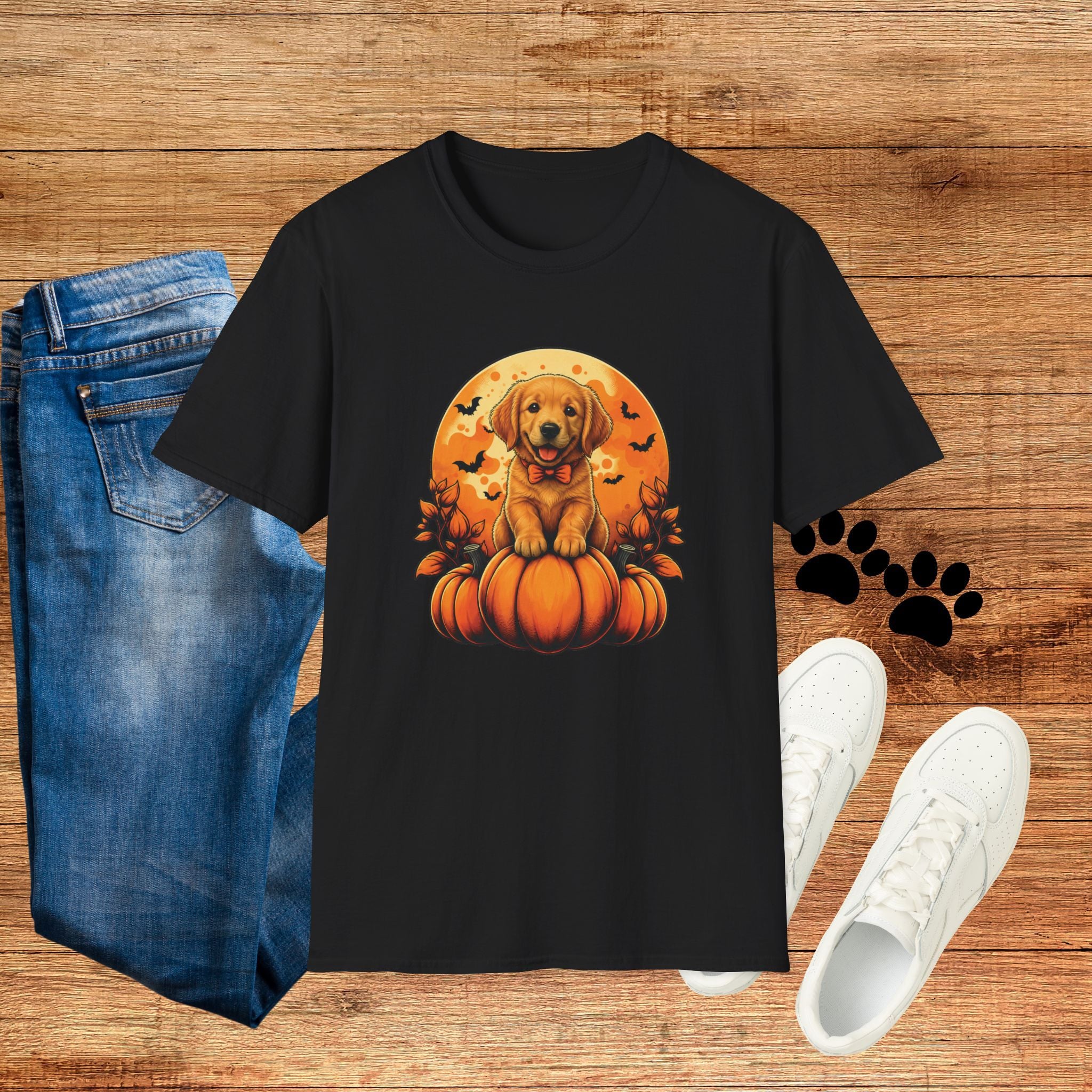 Halloween Pumpkin Puppy T-Shirt — Cute Golden Retriever with Bats & Bowtie