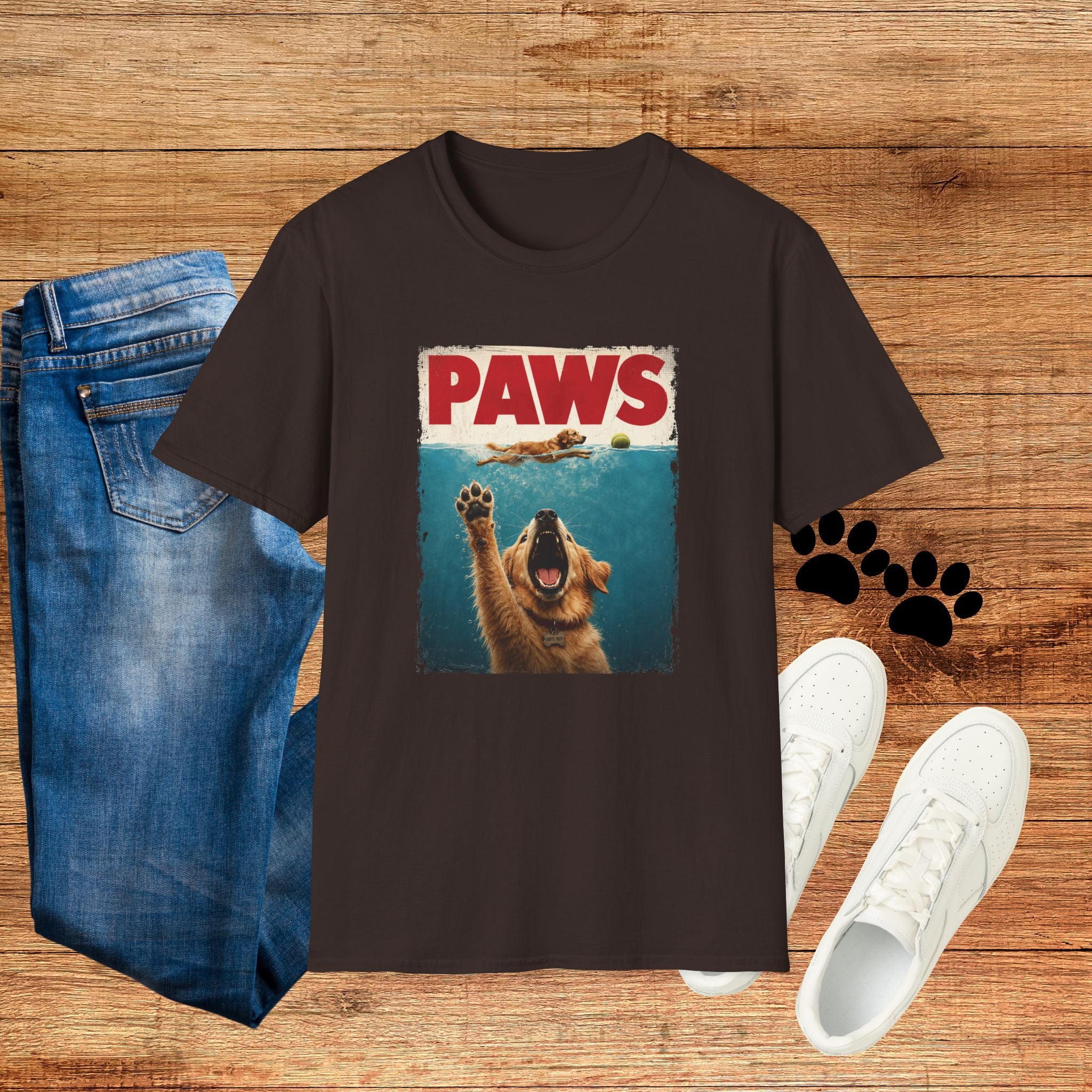 PAWS Dog Parody T-Shirt — Retro Beach Pup Graphic Tee for Dog Lovers