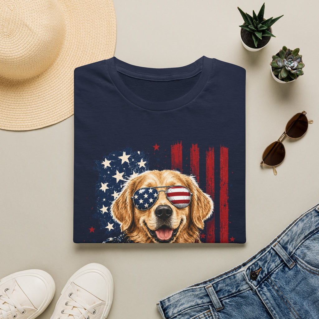 Patriotic Golden Retriever T-Shirt — American Flag Sunglasses & Bandana