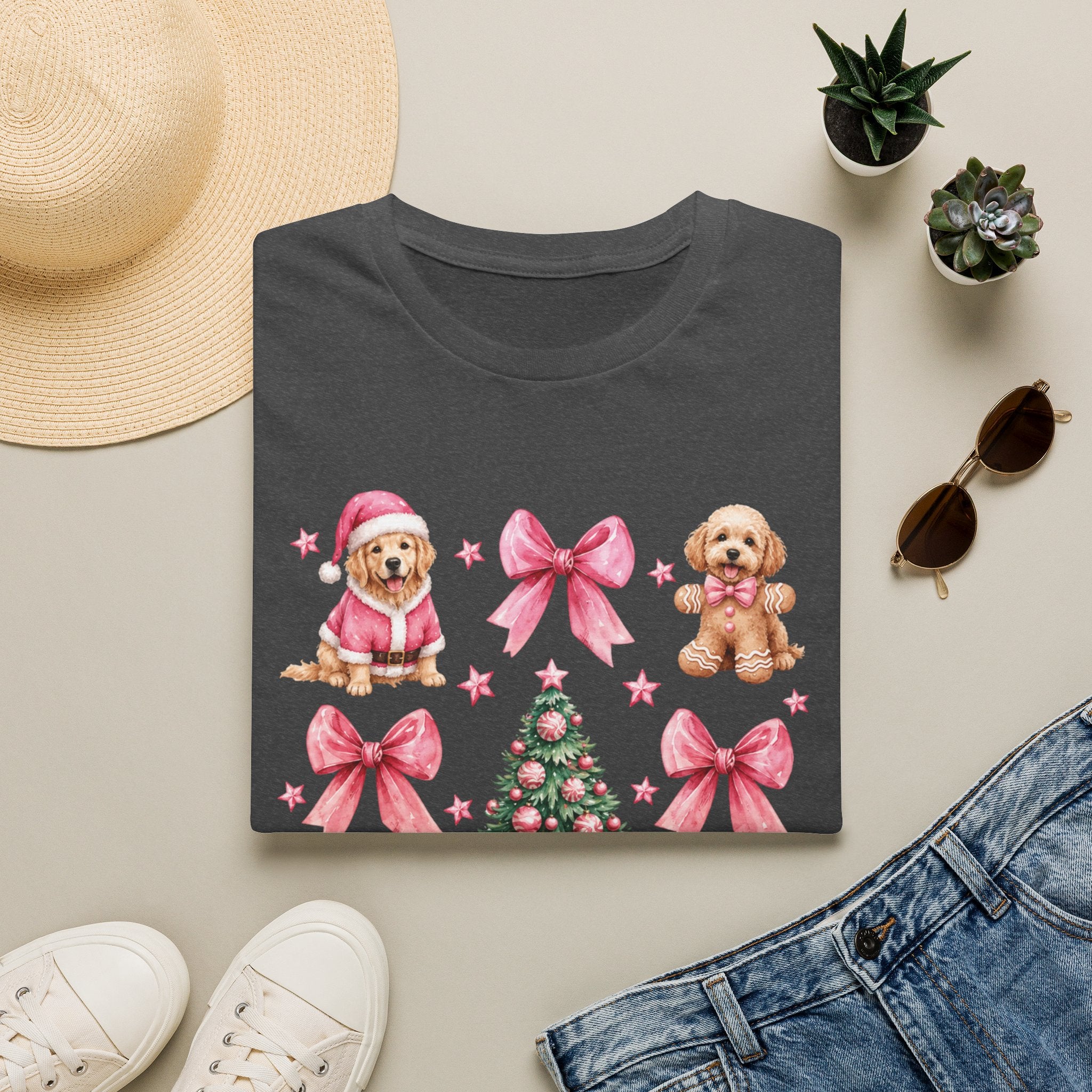 Christmas Puppies Graphic T-Shirt — Pink Bows & Tree Holiday Tee