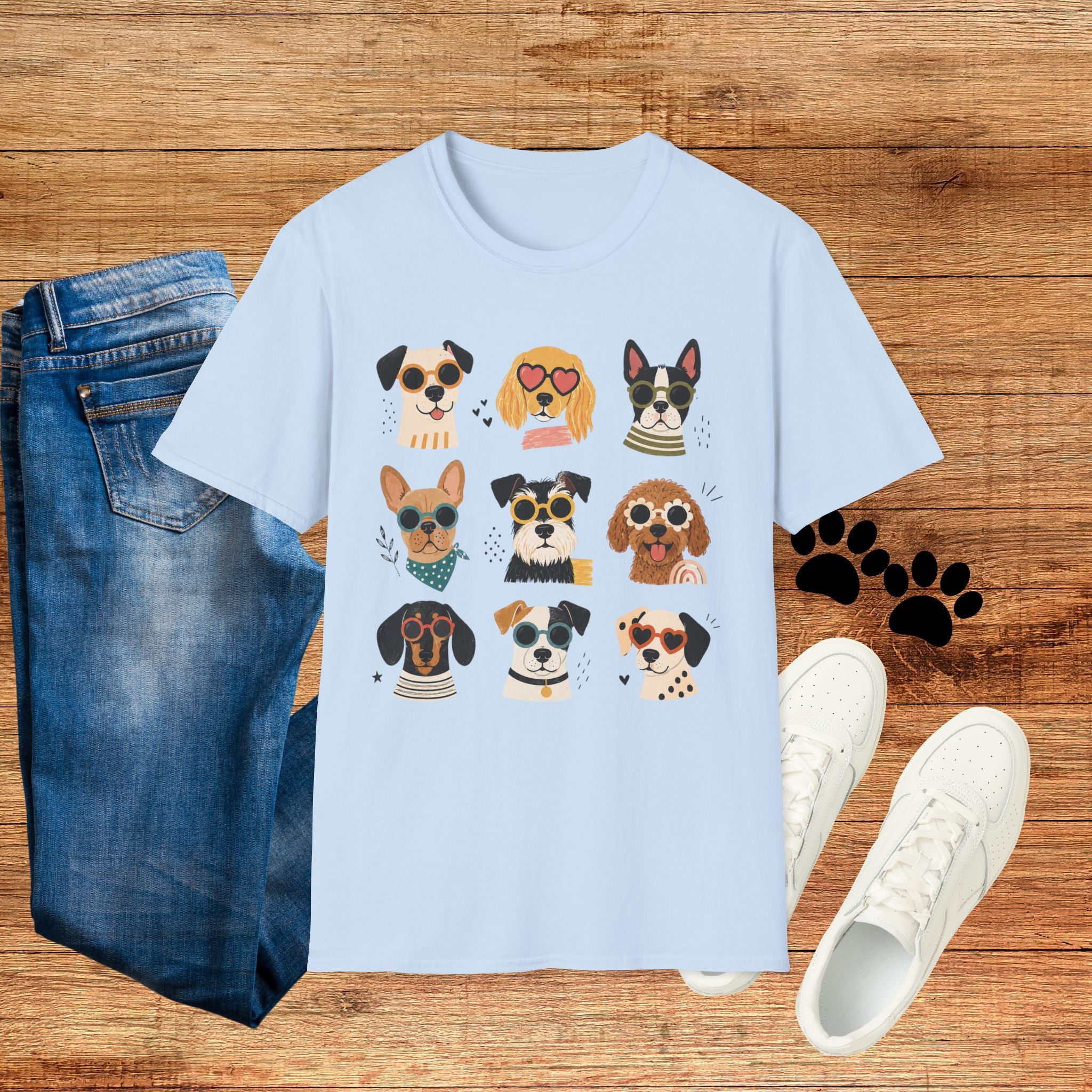Cute Dog Faces T-Shirt — Grid of Cartoon Puppies Graphic Tee