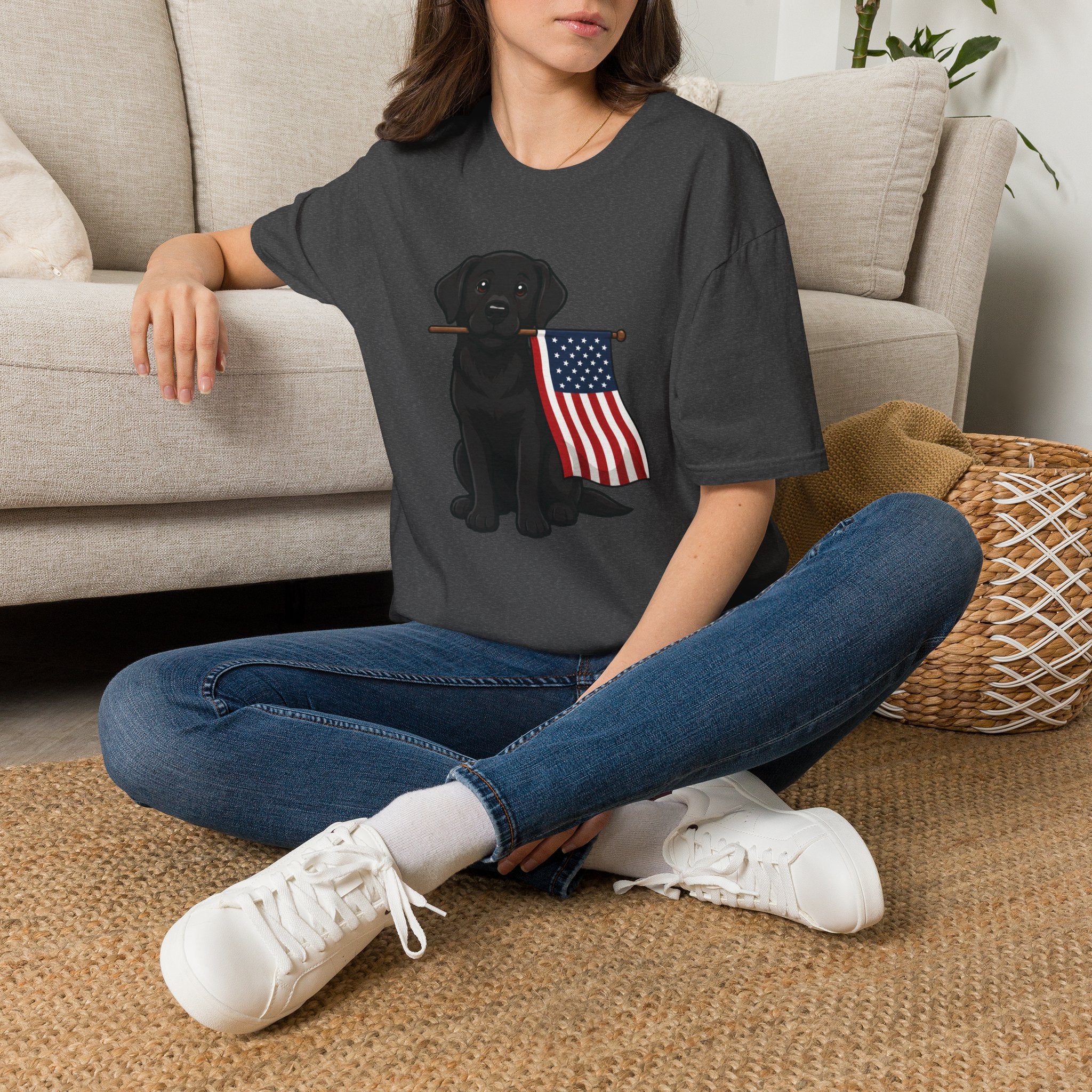 Black Labrador Holding American Flag T-Shirt – Patriotic Dog Tee for 4th of July