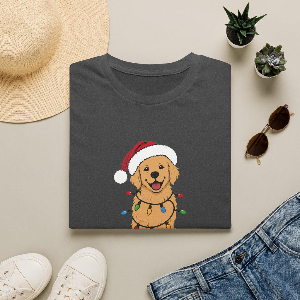 Christmas Golden Retriever T‑Shirt — Cute Dog in Santa Hat with Holiday Lights
