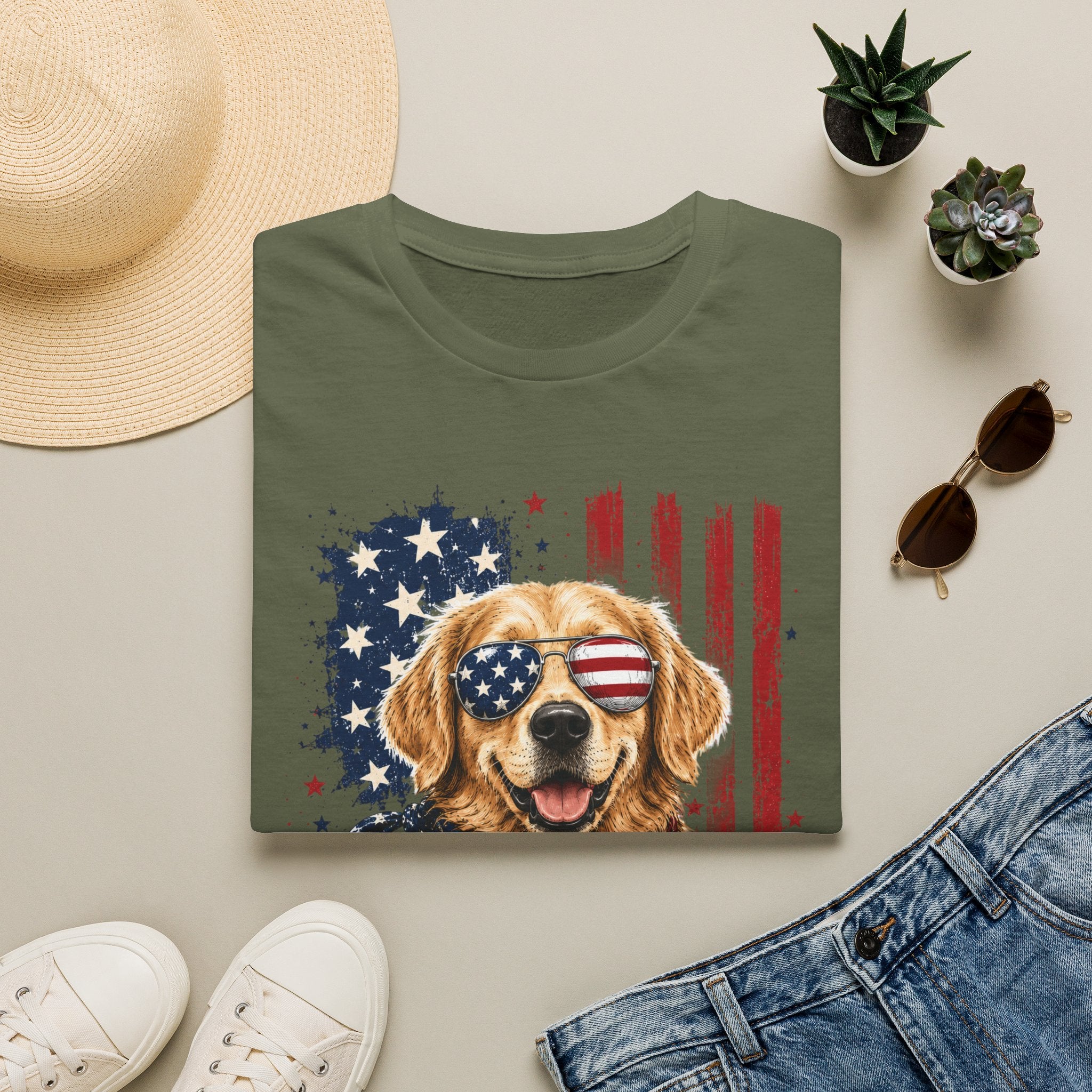 Patriotic Golden Retriever T-Shirt — American Flag Sunglasses & Bandana