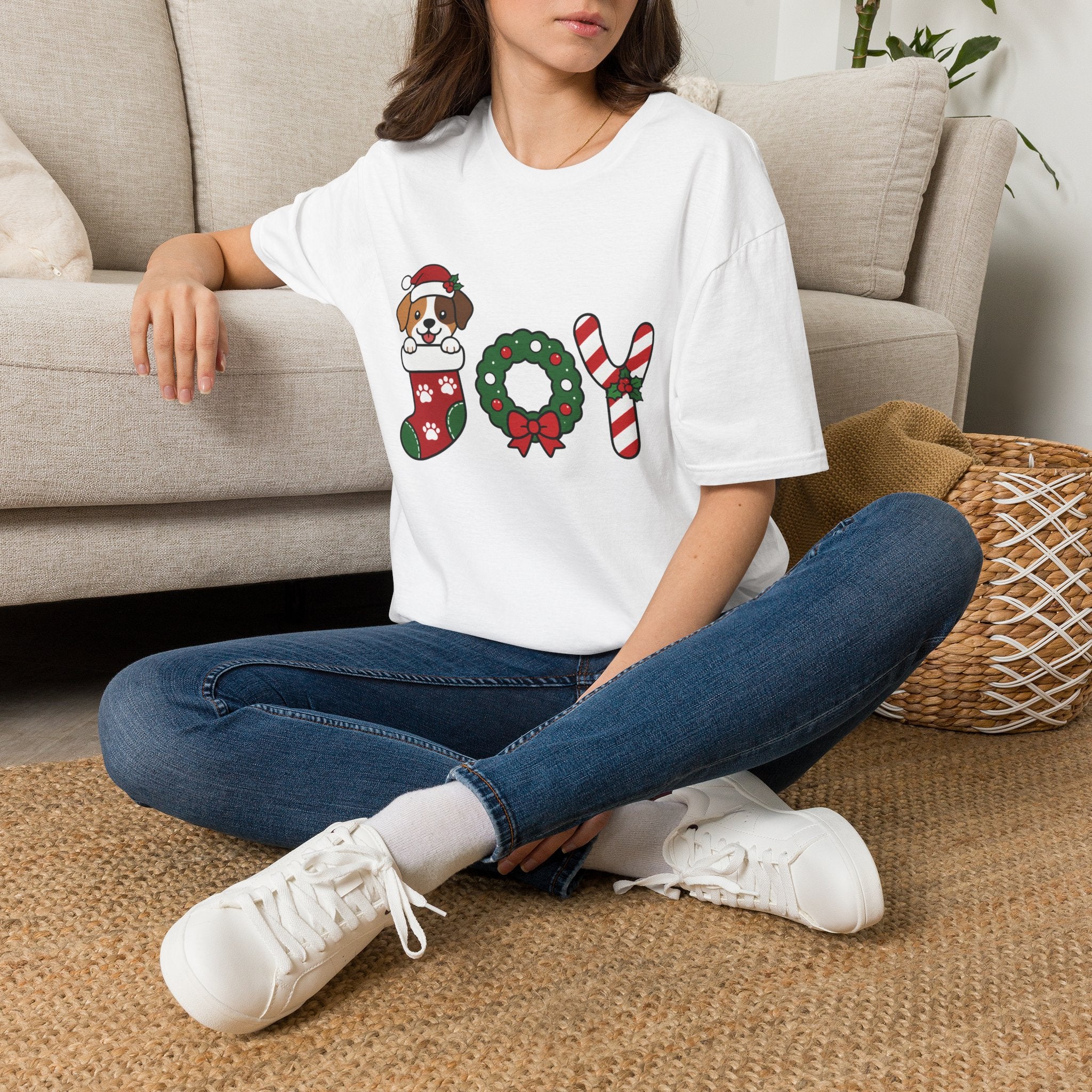 Christmas Joy Dog T-Shirt — Cute Puppy in Stocking & Candy Cane Holiday Tee