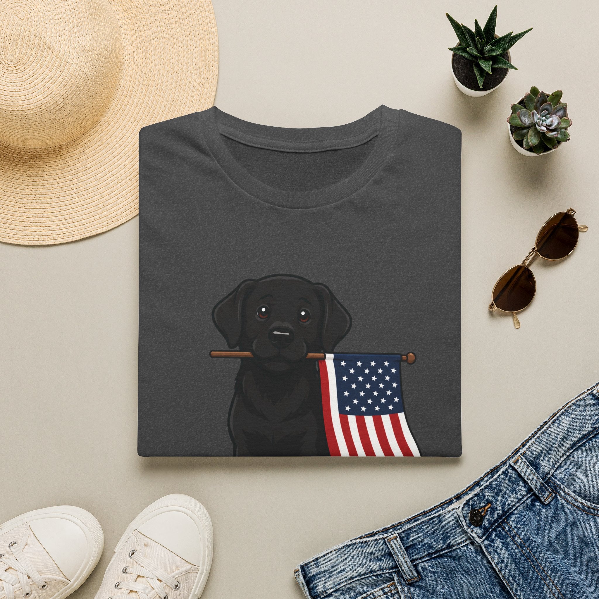 Black Labrador Holding American Flag T-Shirt – Patriotic Dog Tee for 4th of July