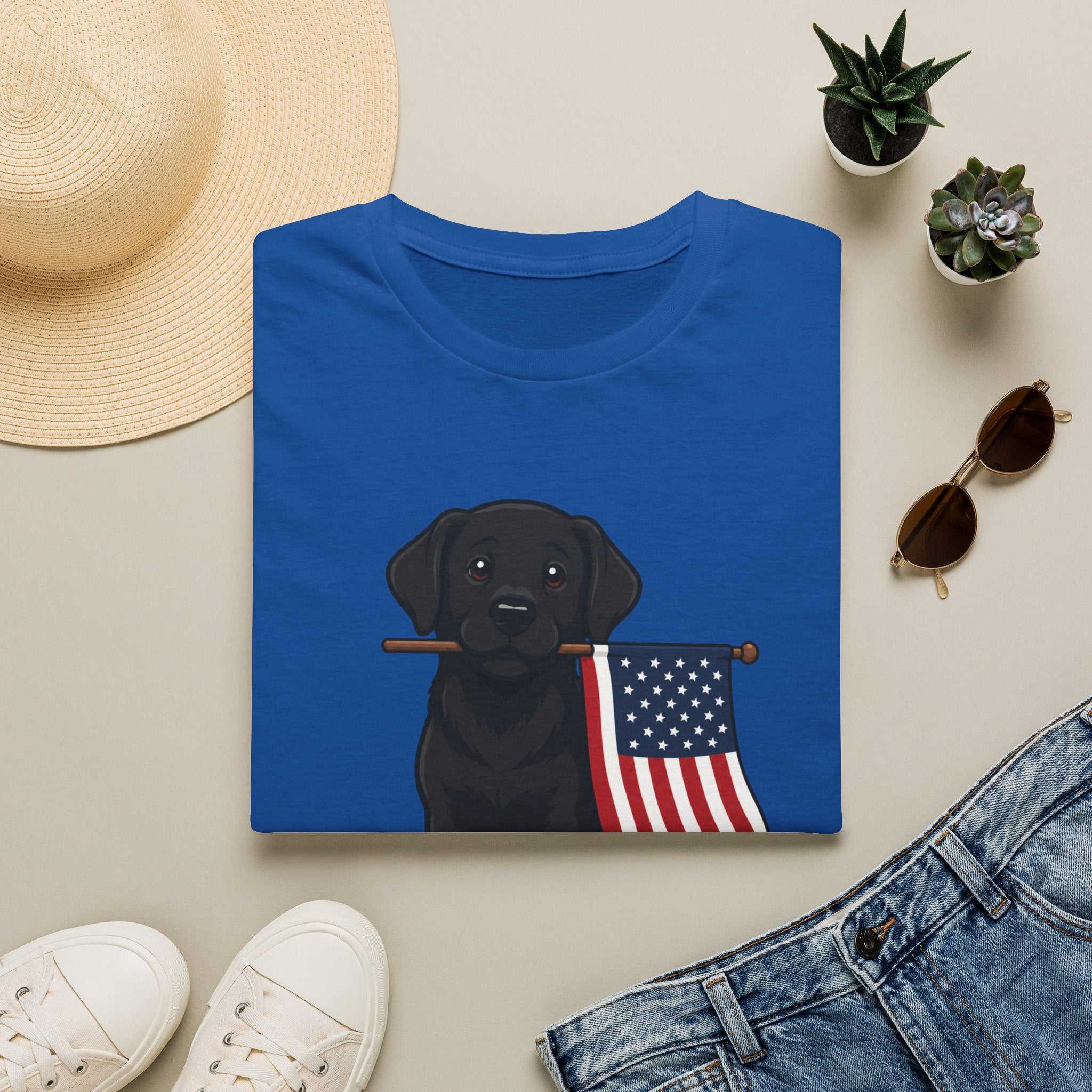 Black Labrador Holding American Flag T-Shirt – Patriotic Dog Tee for 4th of July