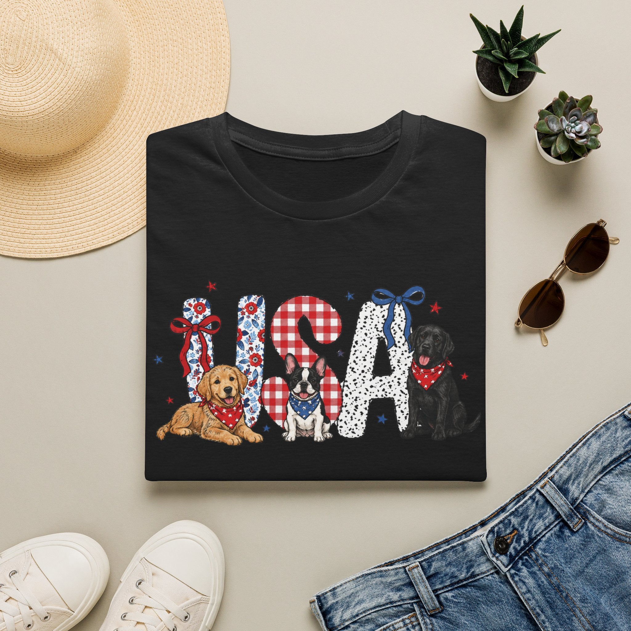 USA Patriotic Dog T-Shirt — Red White Blue Lettering with Labrador & Puppy Design