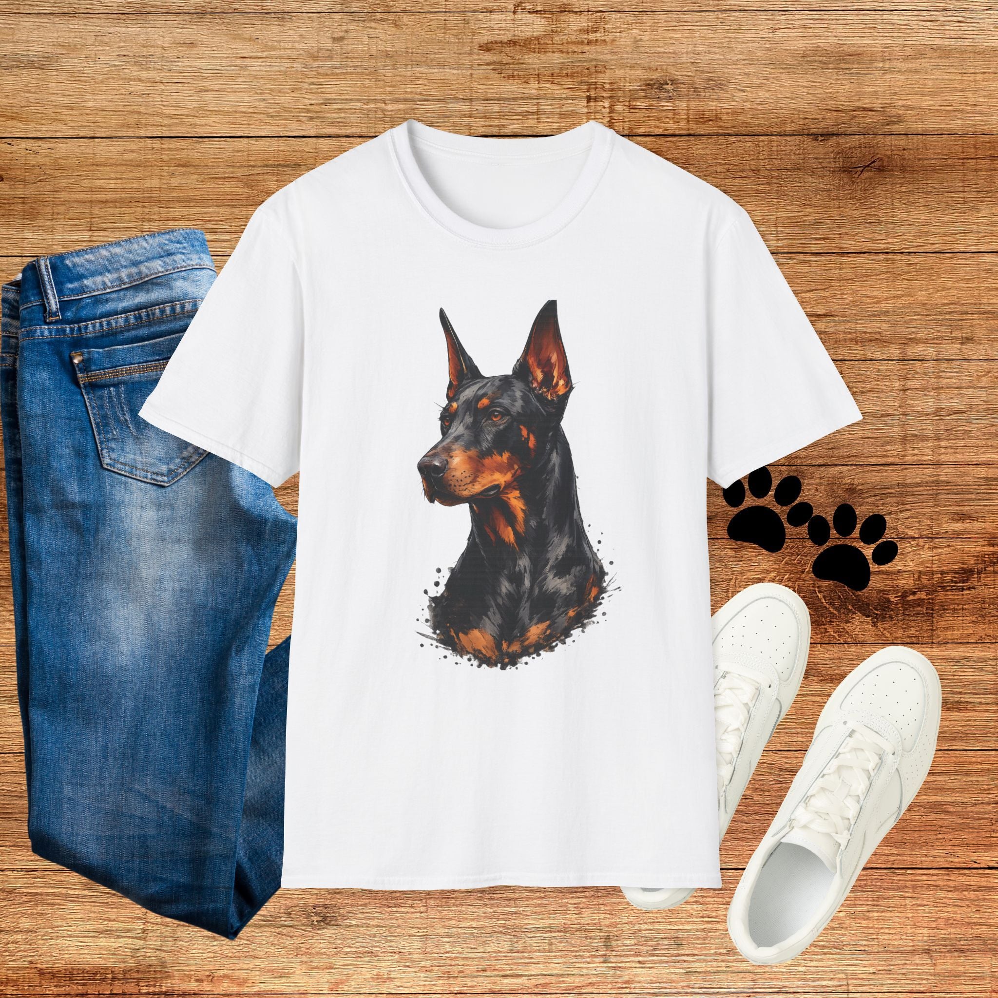 Doberman Portrait T‑Shirt — Realistic Dog Art Tee for Pet Lovers