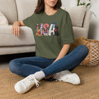 USA Patriotic Dog T-Shirt — Red White Blue Lettering with Labrador & Puppy Design