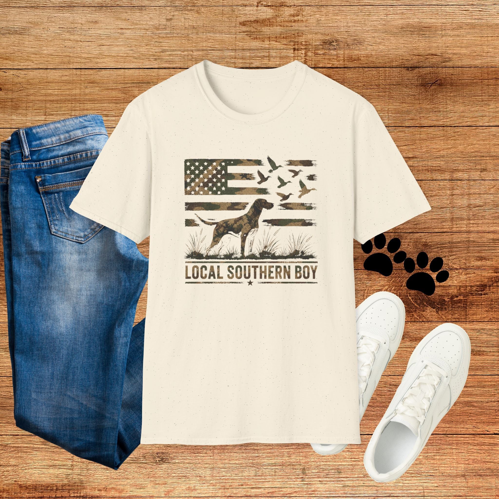 Duck Hunting American Flag T-Shirt — Local Southern Boy Retriever Design