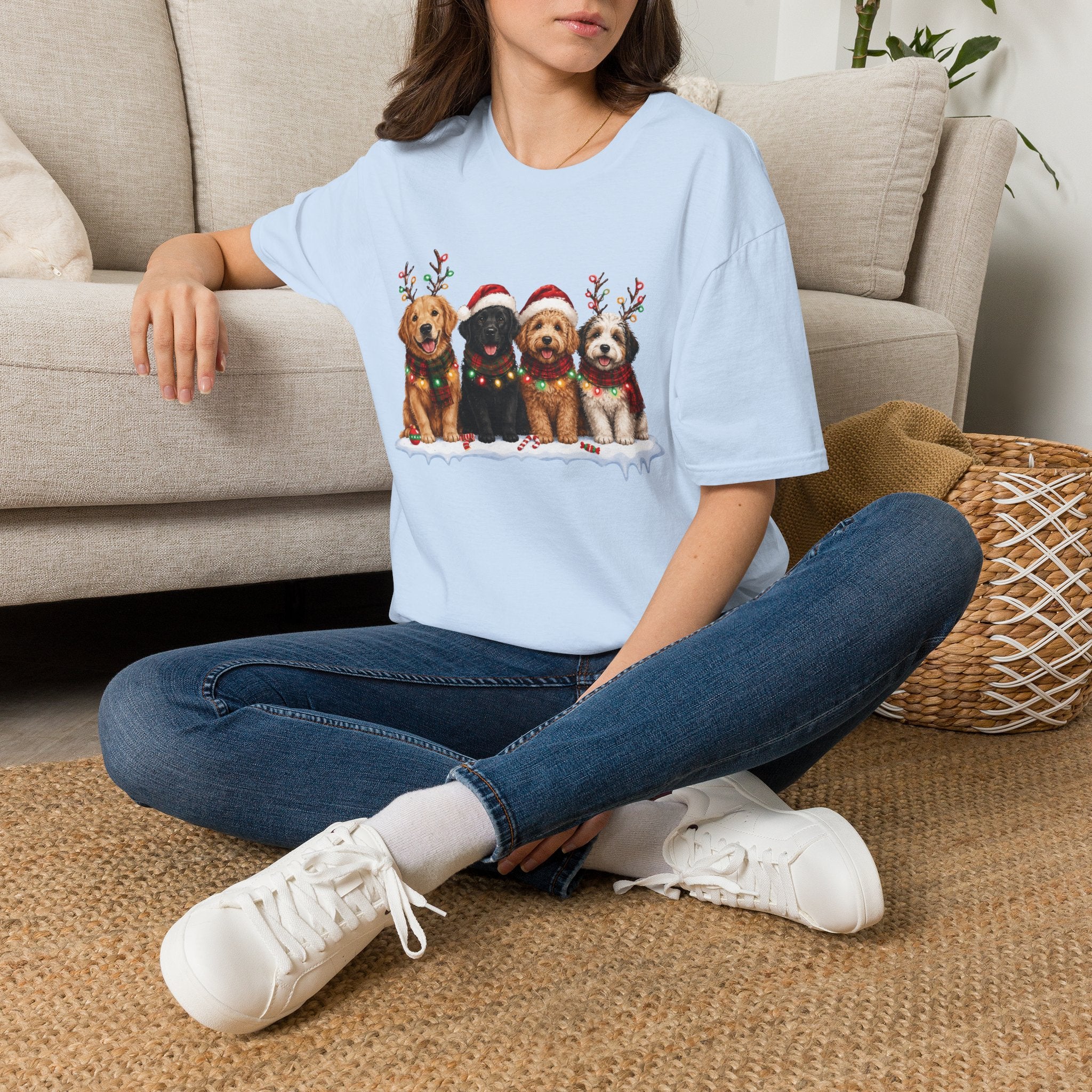 Christmas Dogs T-Shirt — Festive Puppies with Santa Hats & Reindeer Antlers