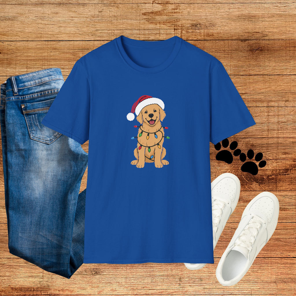Christmas Golden Retriever T‑Shirt — Cute Dog in Santa Hat with Holiday Lights