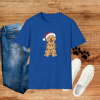 Christmas Golden Retriever T‑Shirt — Cute Dog in Santa Hat with Holiday Lights