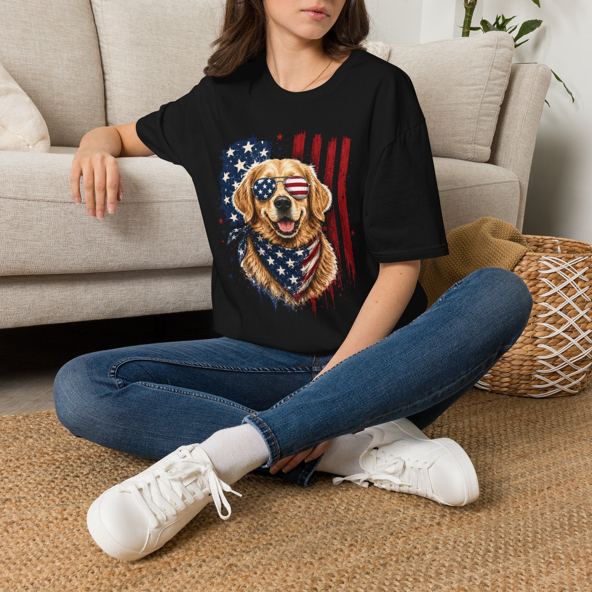 Patriotic Golden Retriever T-Shirt — American Flag Sunglasses & Bandana