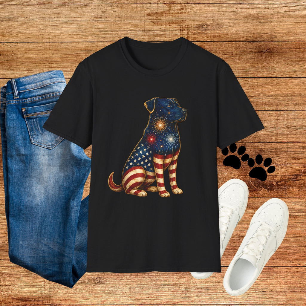 Patriotic Fireworks Dog T-Shirt — American Flag Labrador Graphic Tee