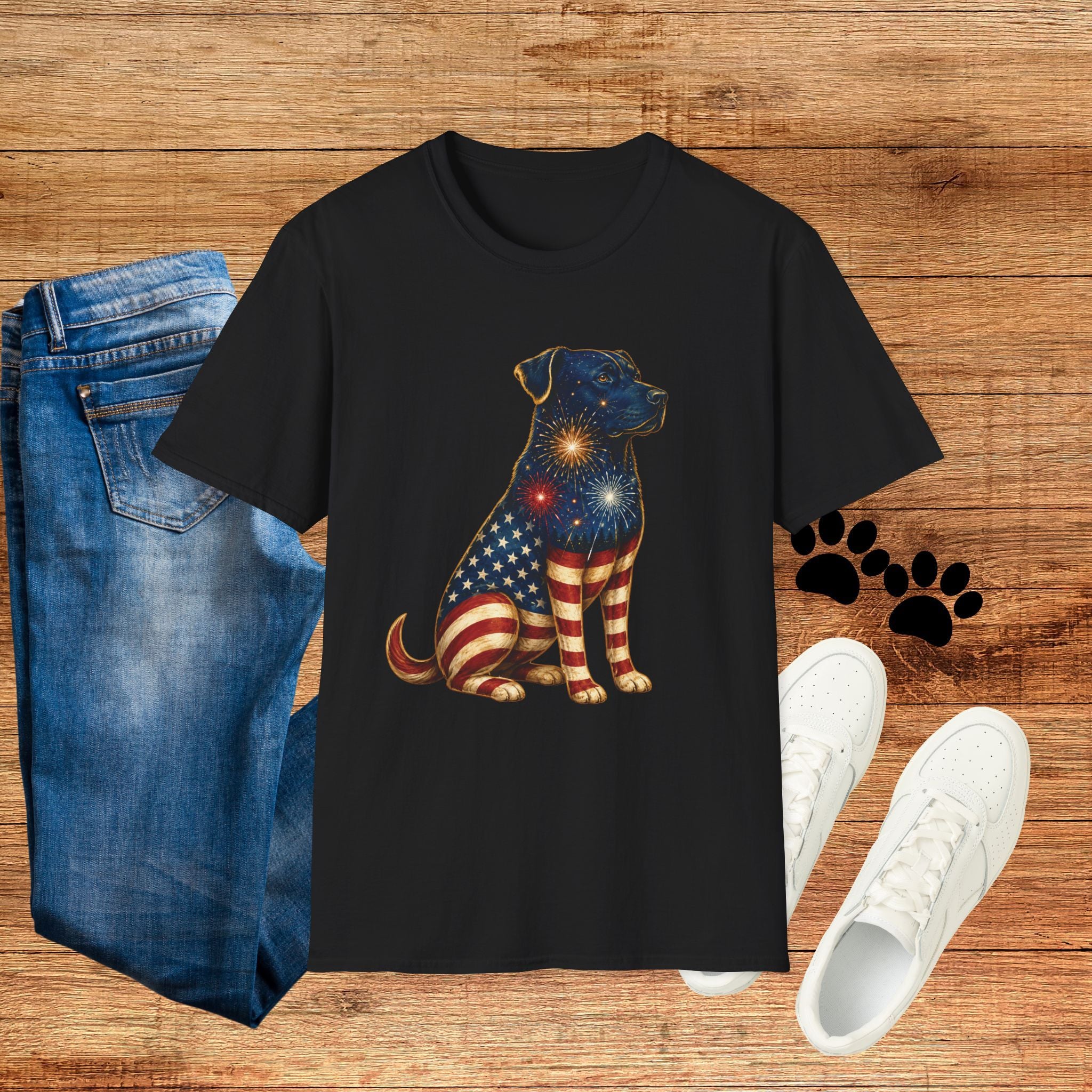 Patriotic Fireworks Dog T-Shirt — American Flag Labrador Graphic Tee