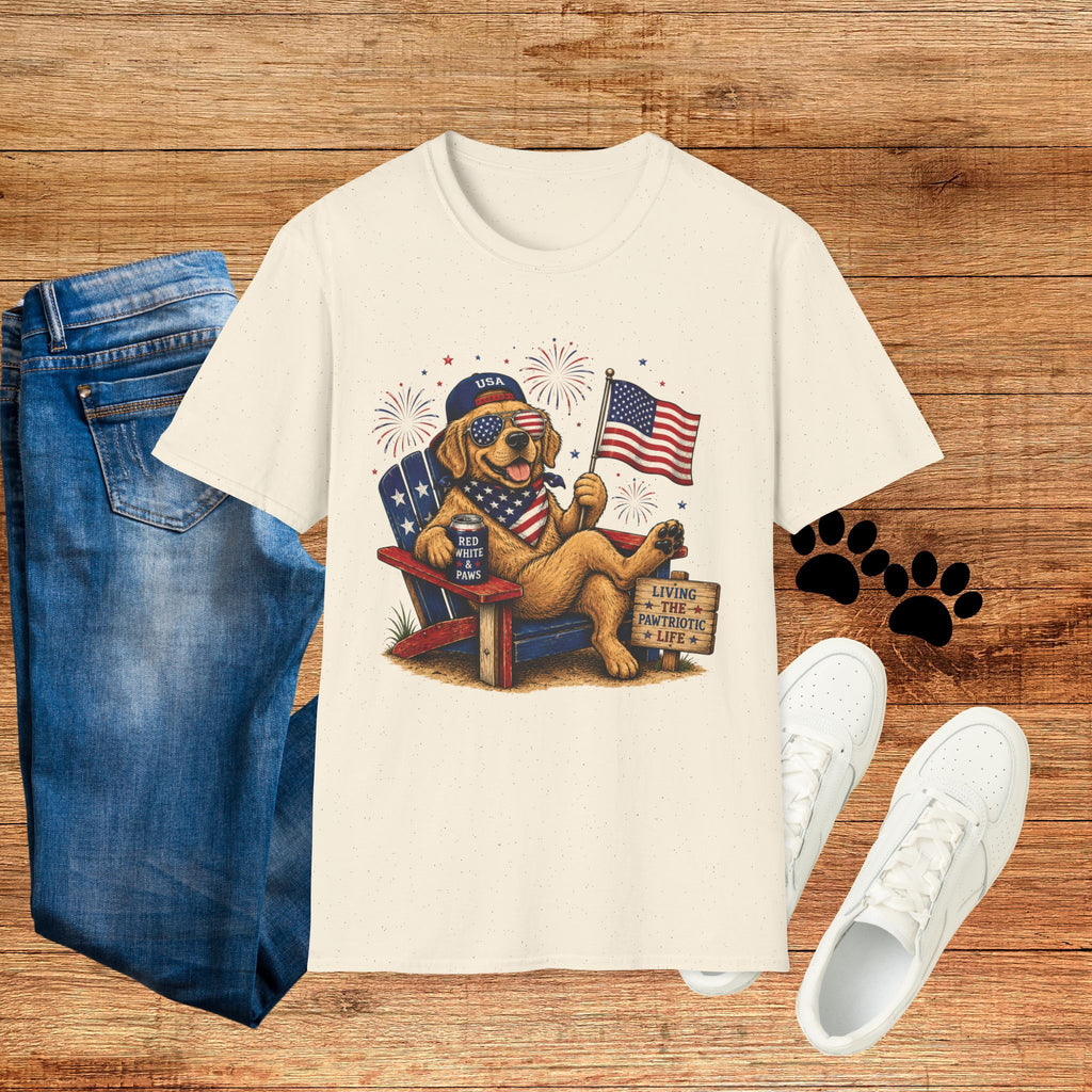 Patriotic Golden Retriever T-Shirt — USA Flag, Sunglasses & Fireworks