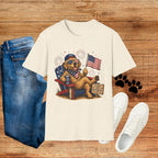 Patriotic Golden Retriever T-Shirt — USA Flag, Sunglasses & Fireworks