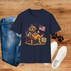 Patriotic Golden Retriever T-Shirt — USA Flag, Sunglasses & Fireworks