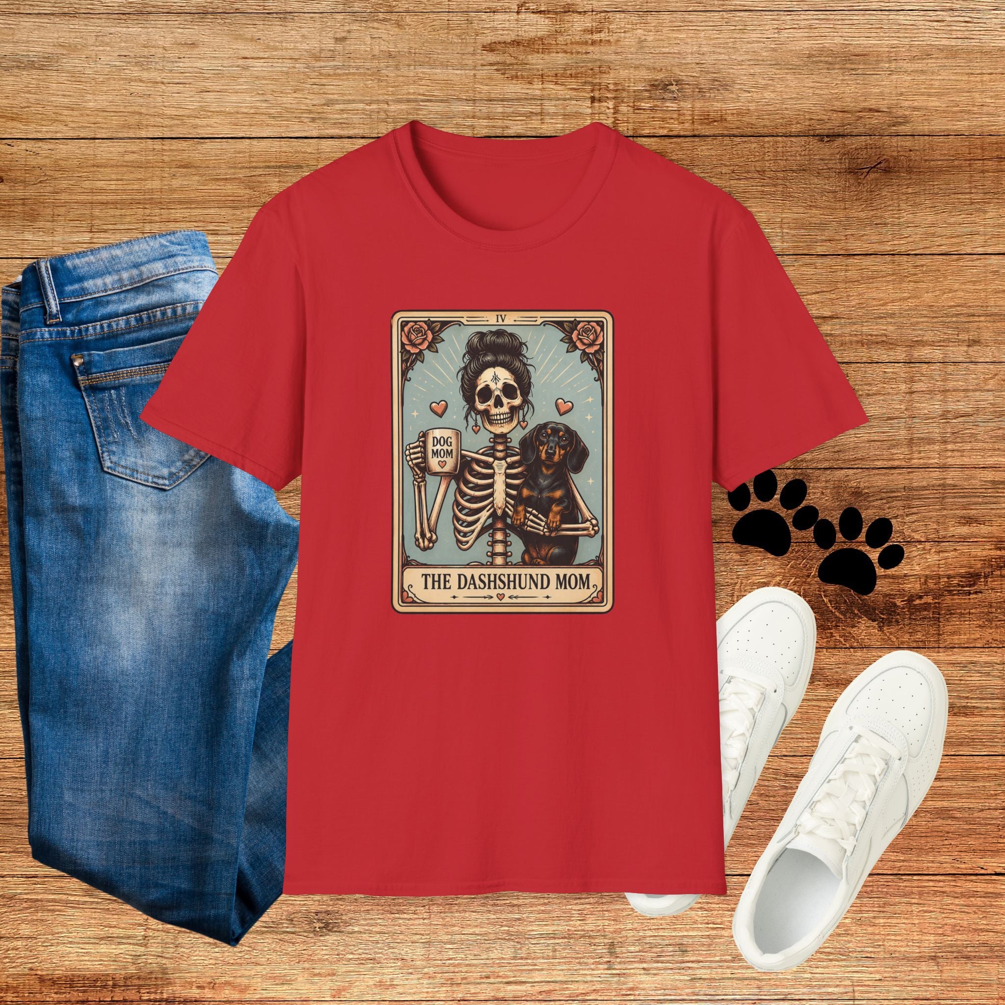 Dachshund Mom Tarot Tee — 'Dog Mom' Skeleton Card Graphic T-Shirt