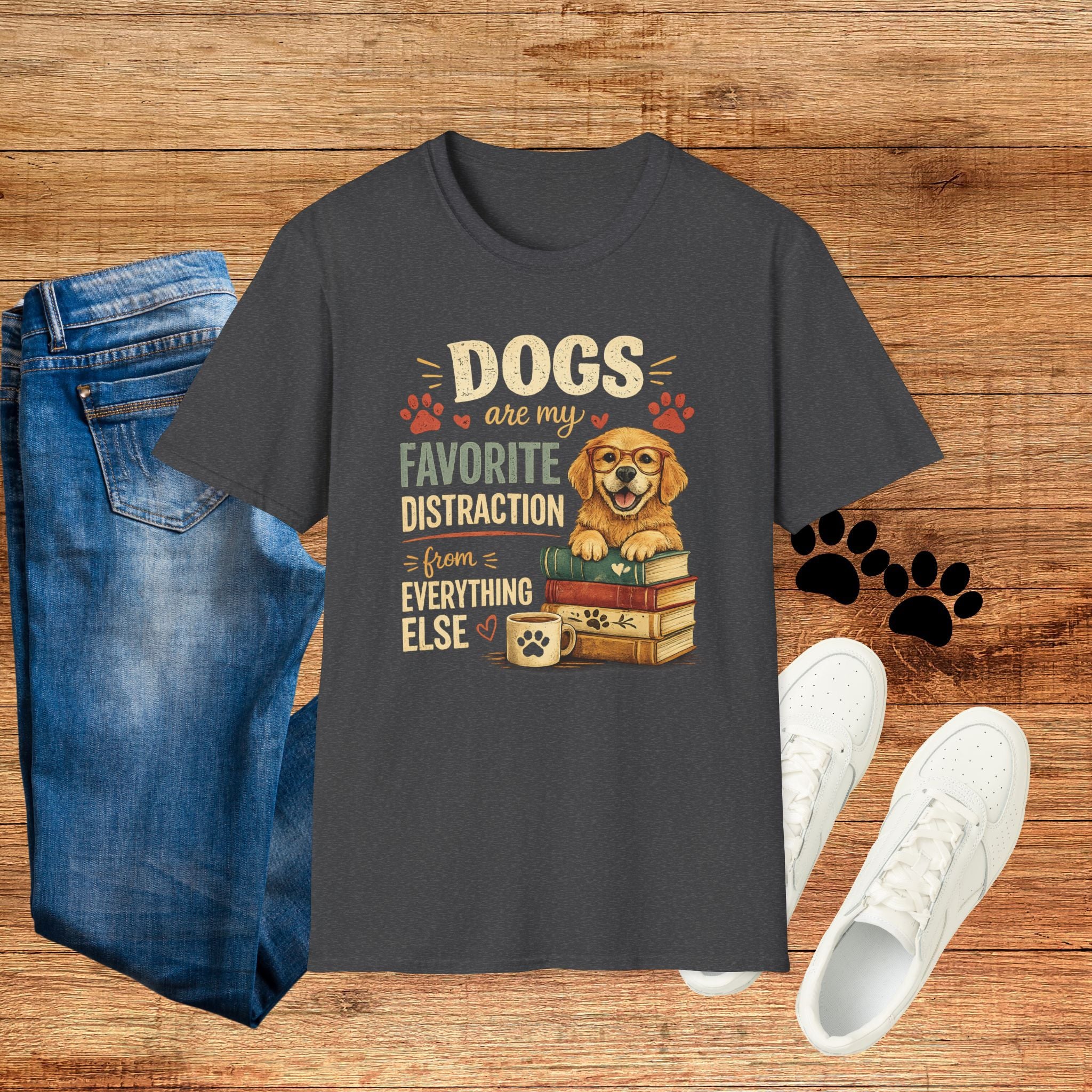 Dogs Are My Favorite Distraction T-Shirt – Cute Golden Retriever Paw Print Tee