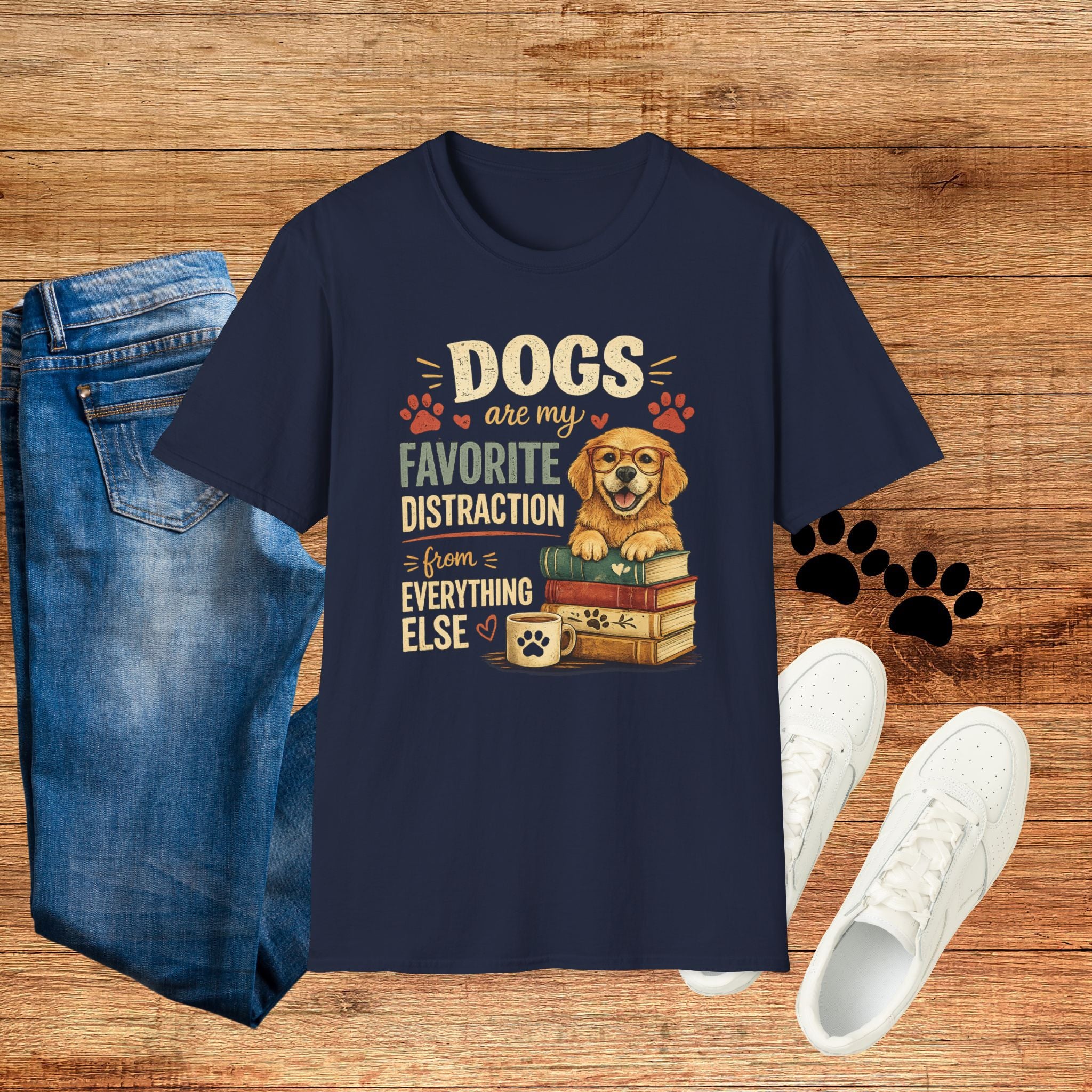 Dogs Are My Favorite Distraction T-Shirt – Cute Golden Retriever Paw Print Tee