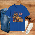 Patriotic Golden Retriever T-Shirt — USA Flag, Sunglasses & Fireworks