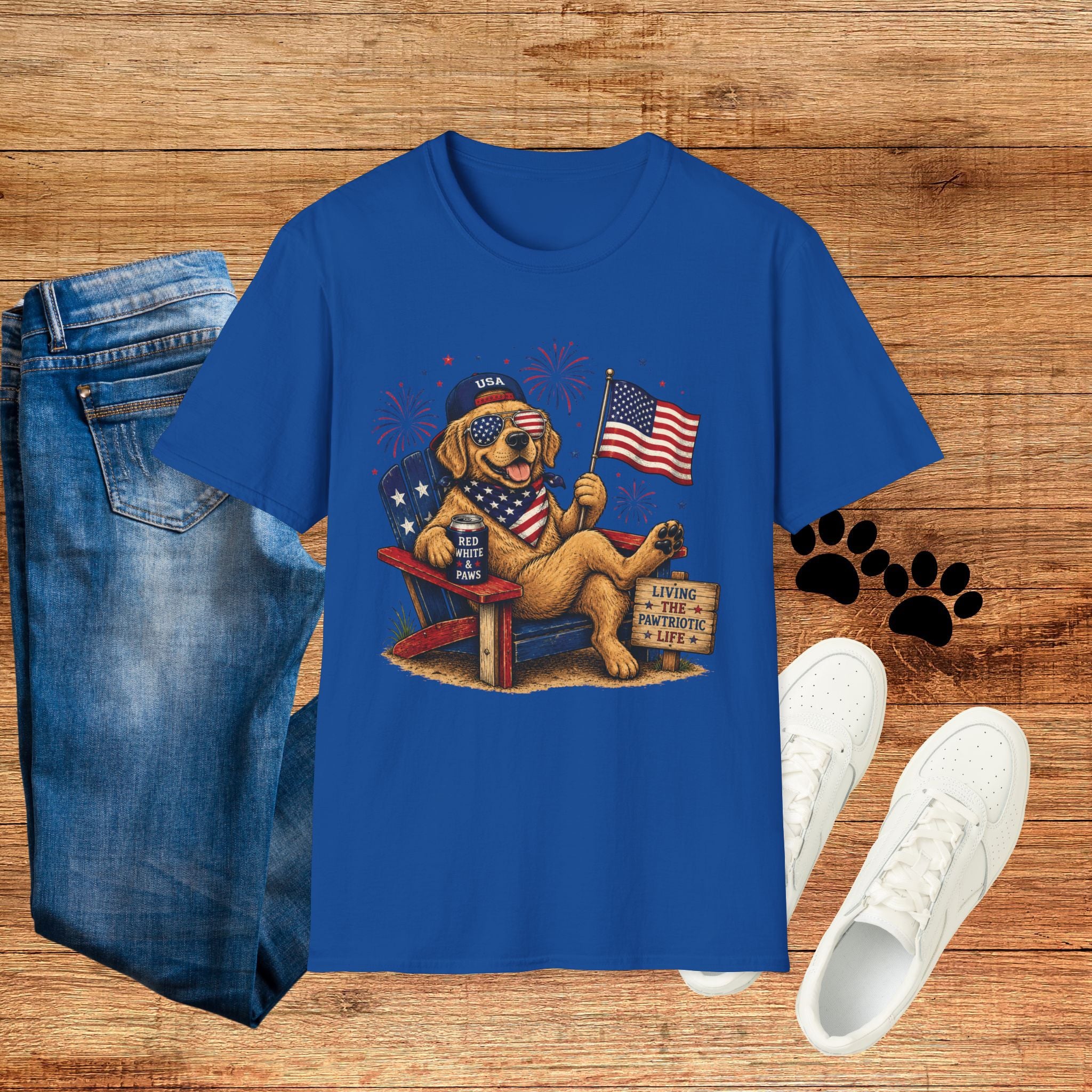 Patriotic Golden Retriever T-Shirt — USA Flag, Sunglasses & Fireworks