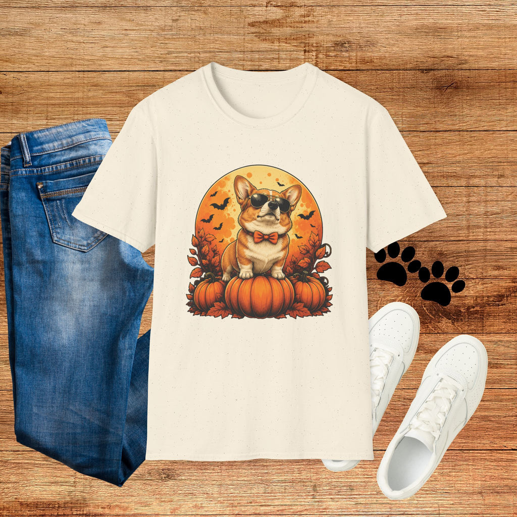 Halloween Corgi Tee — Cool Sunglasses Dog on Pumpkin Graphic T-Shirt