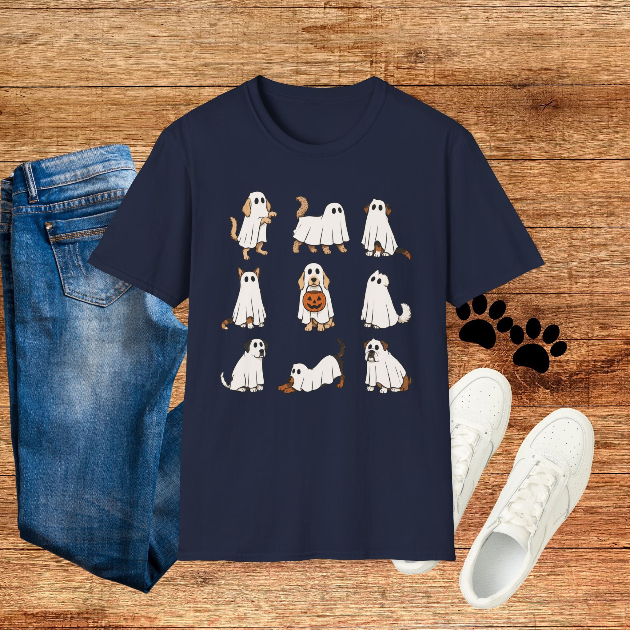 Ghost Dogs Halloween T-Shirt — Cute Puppy Ghosts with Pumpkin Design