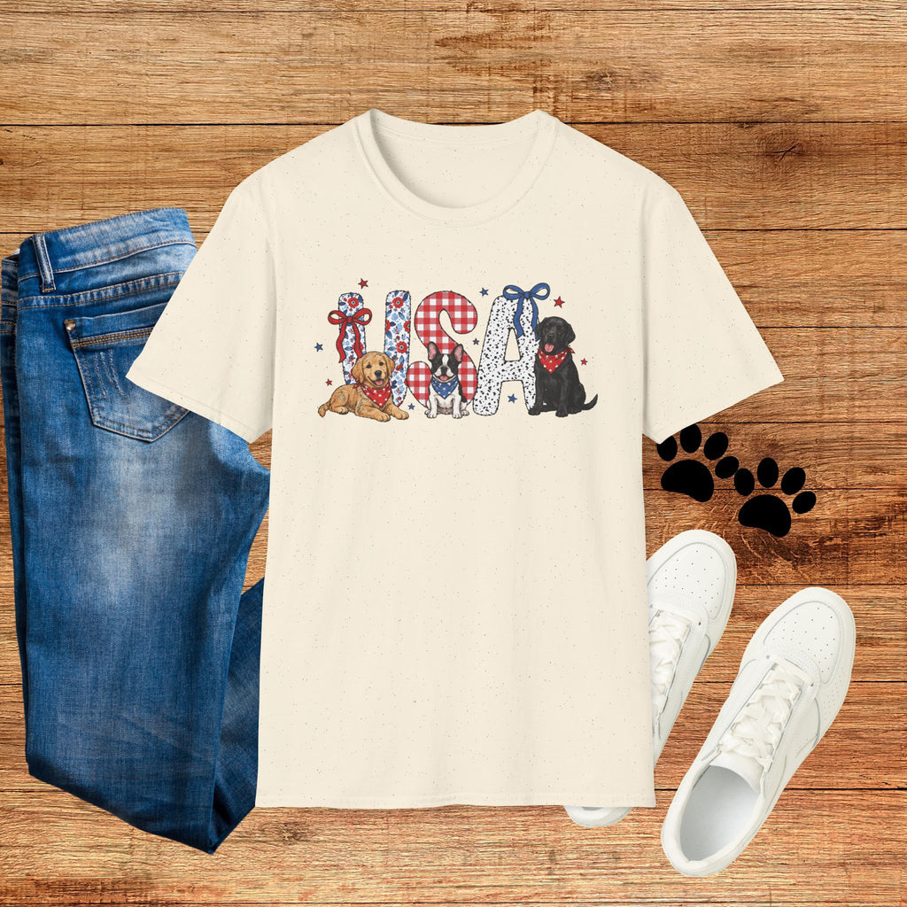 USA Patriotic Dog T-Shirt — Red White Blue Lettering with Labrador & Puppy Design