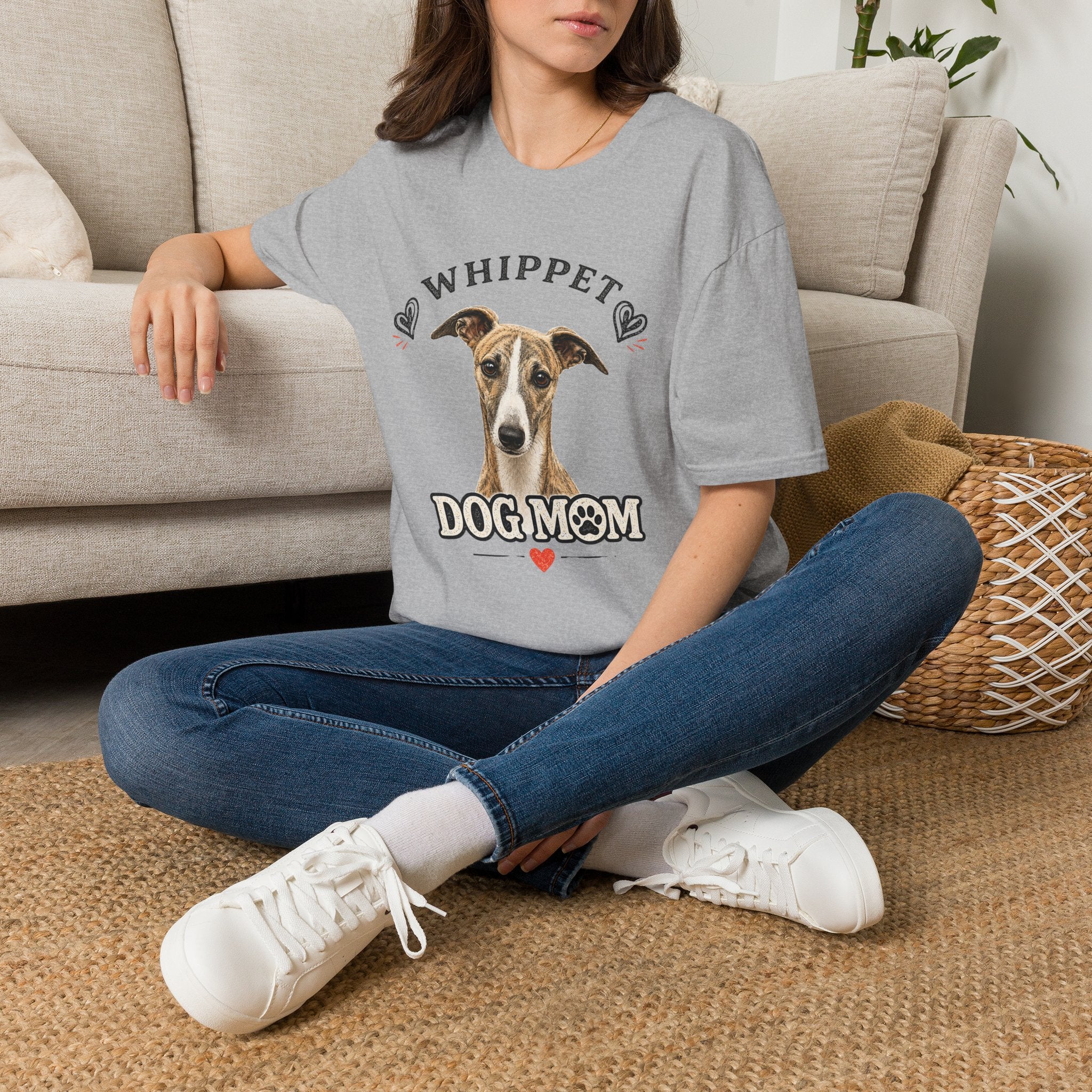 Whippet Dog Mom T-Shirt — Cute Whippet Portrait & Heart Graphic