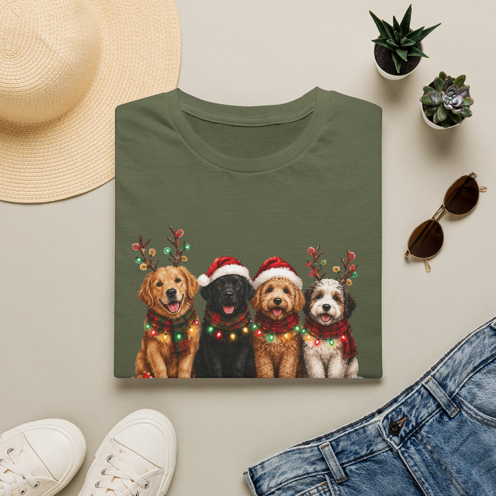 Christmas Dogs T-Shirt — Festive Puppies with Santa Hats & Reindeer Antlers