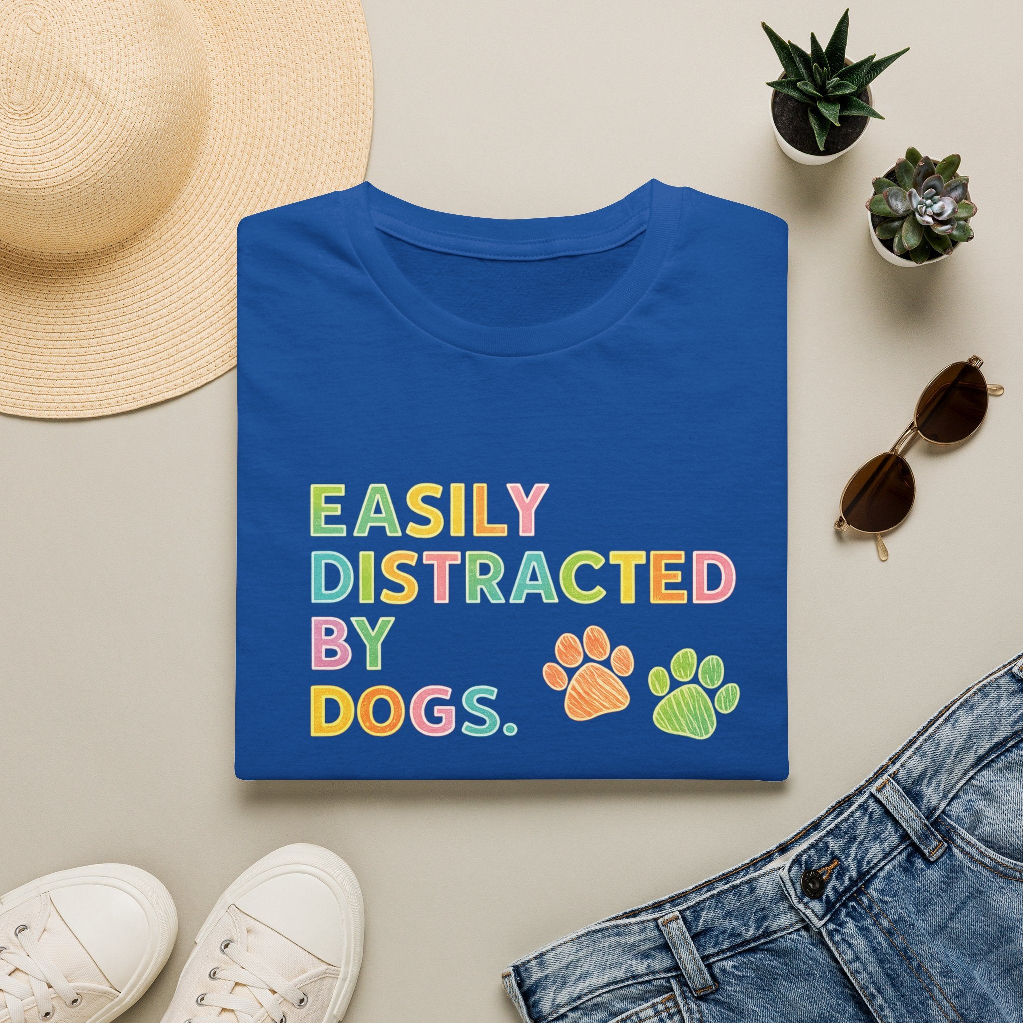 Easily Distracted By Dogs T-Shirt — Cute Colorful Paw Print Tee for Dog Lovers